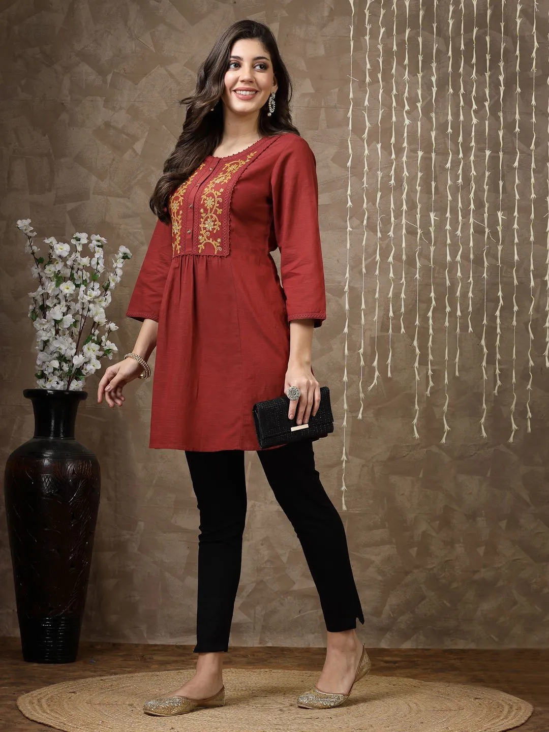 Maroon Embroidered Cotton Tunic