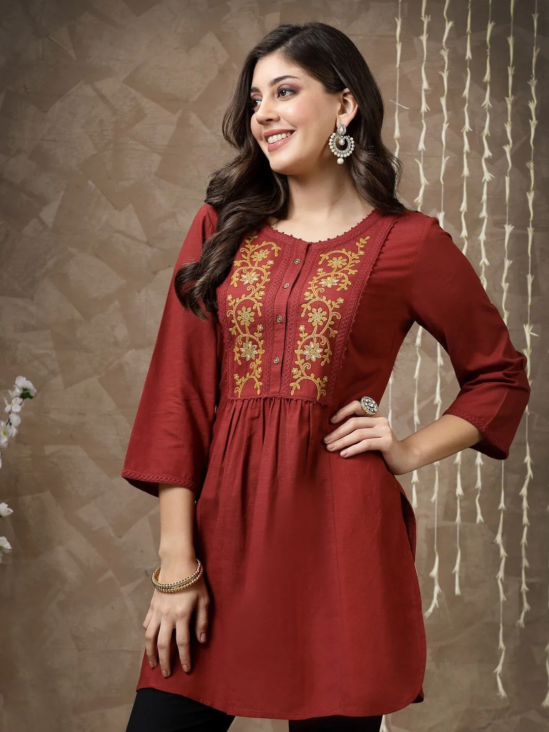 Maroon Embroidered Cotton Tunic
