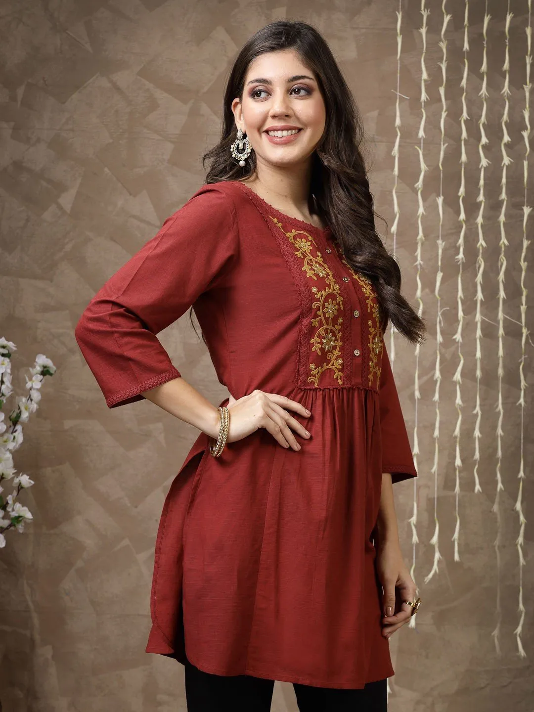 Maroon Embroidered Cotton Tunic