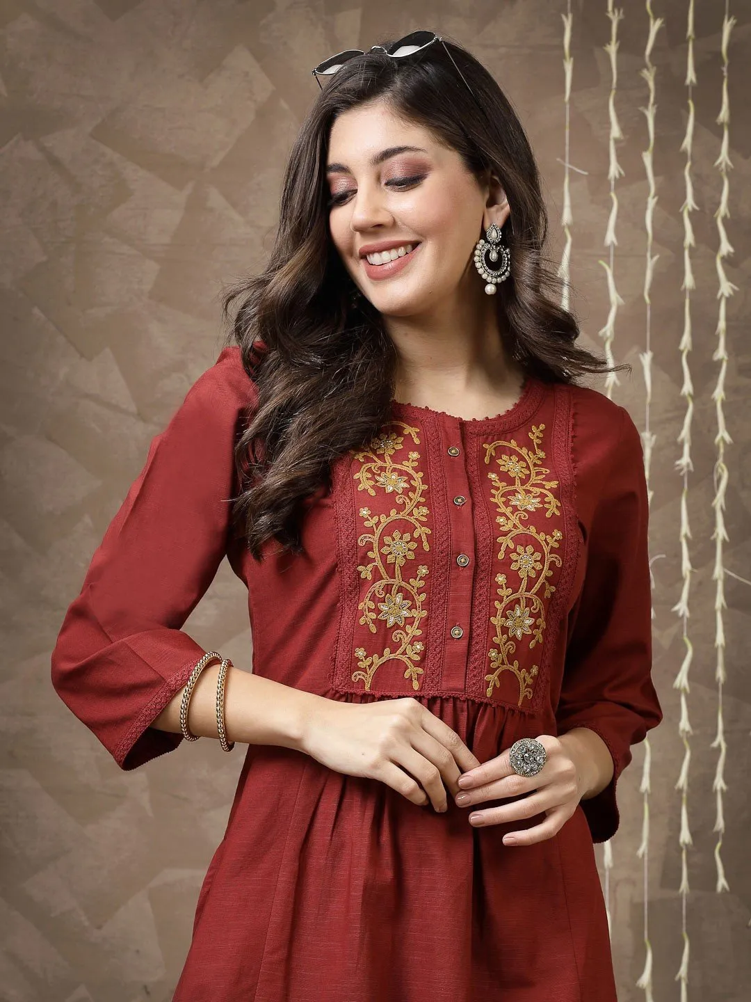 Maroon Embroidered Cotton Tunic