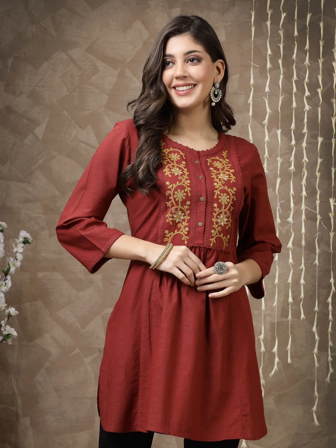 Maroon Embroidered Cotton Tunic
