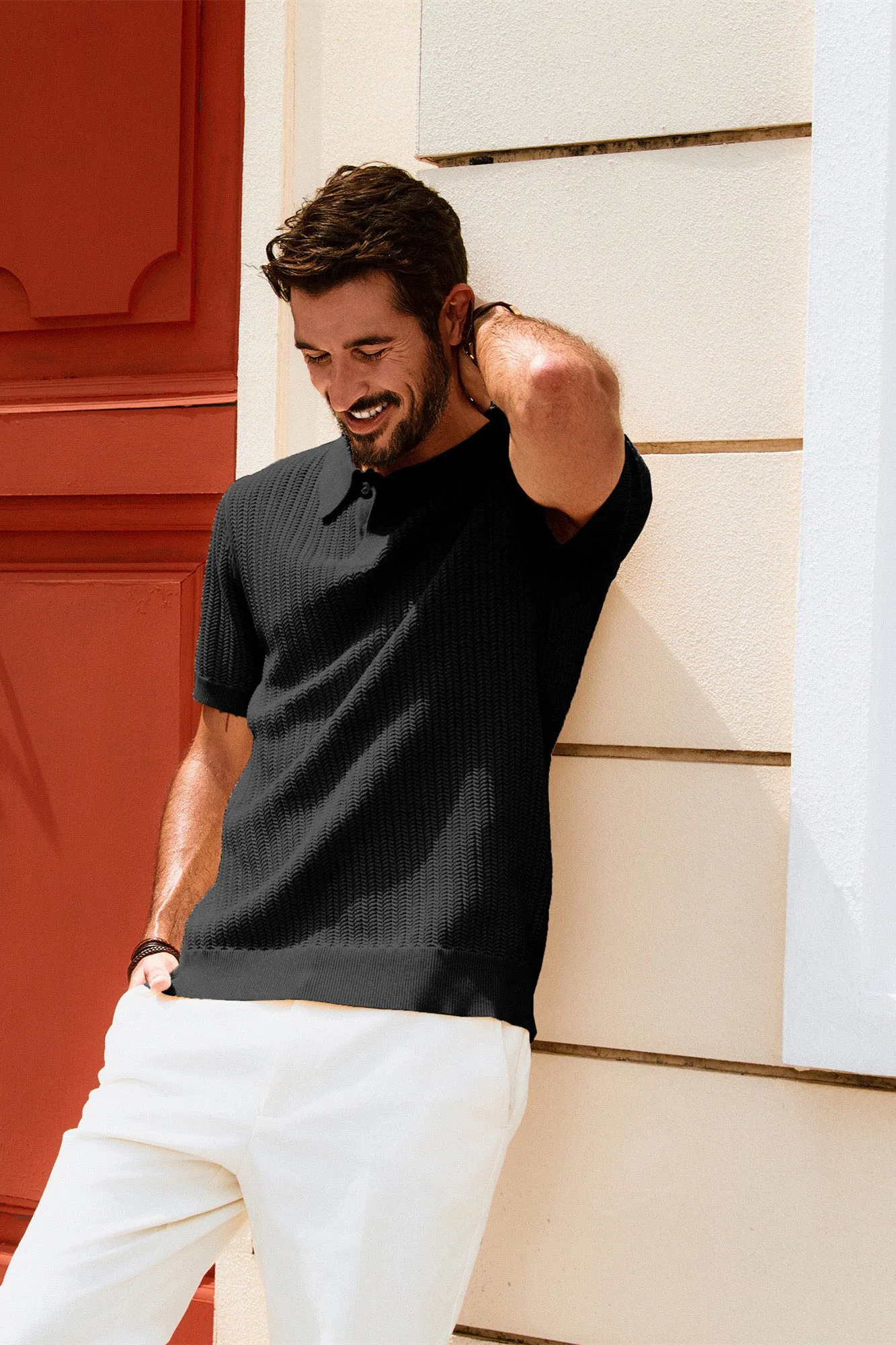 Men Wheatear Textured Polo-Shirt Short Sleeve Lapel Collar Knitwear Tops