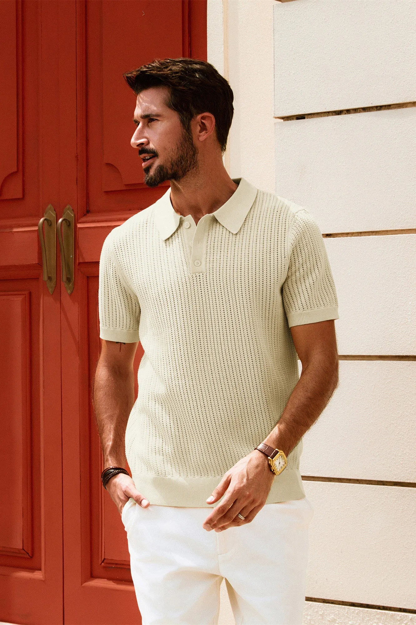 Men Wheatear Textured Polo-Shirt Short Sleeve Lapel Collar Knitwear Tops