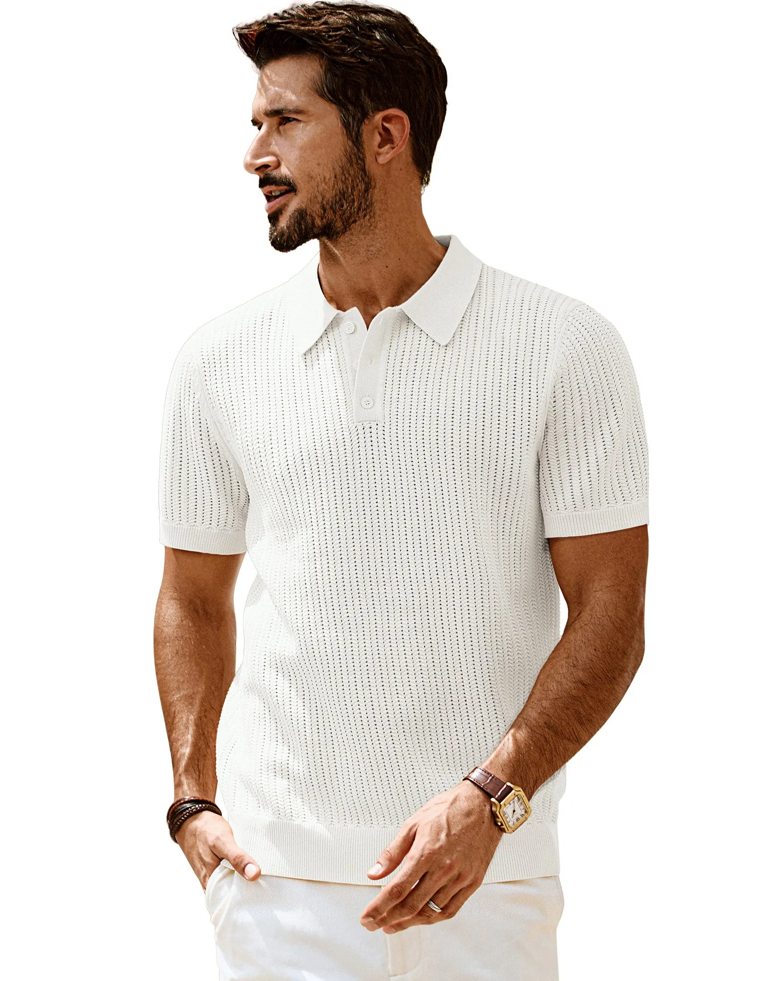 Men Wheatear Textured Polo-Shirt Short Sleeve Lapel Collar Knitwear Tops