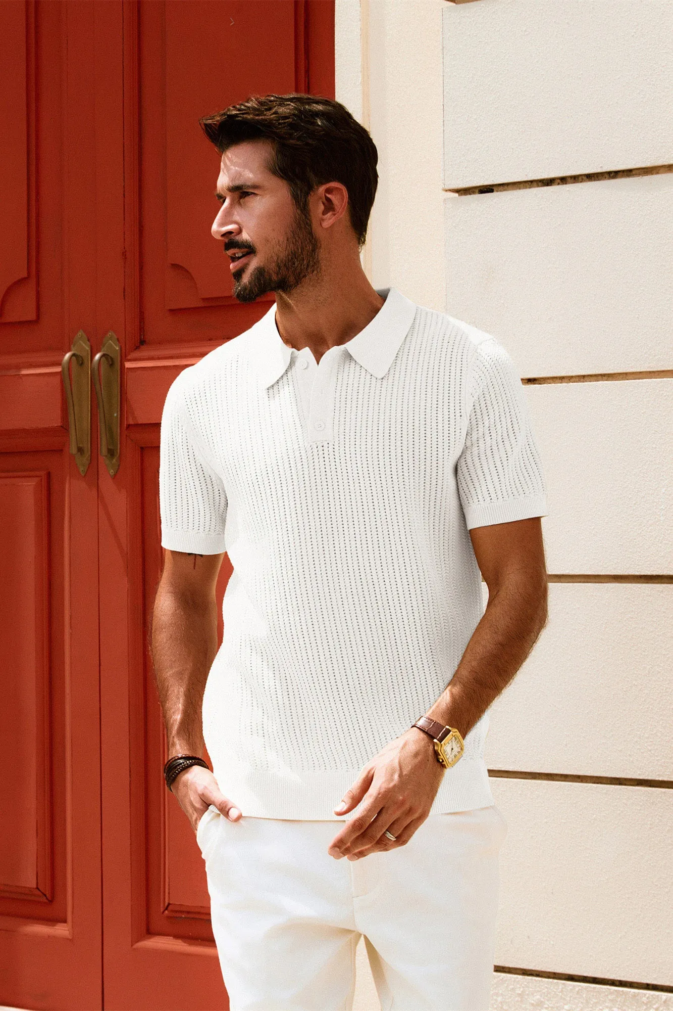 Men Wheatear Textured Polo-Shirt Short Sleeve Lapel Collar Knitwear Tops