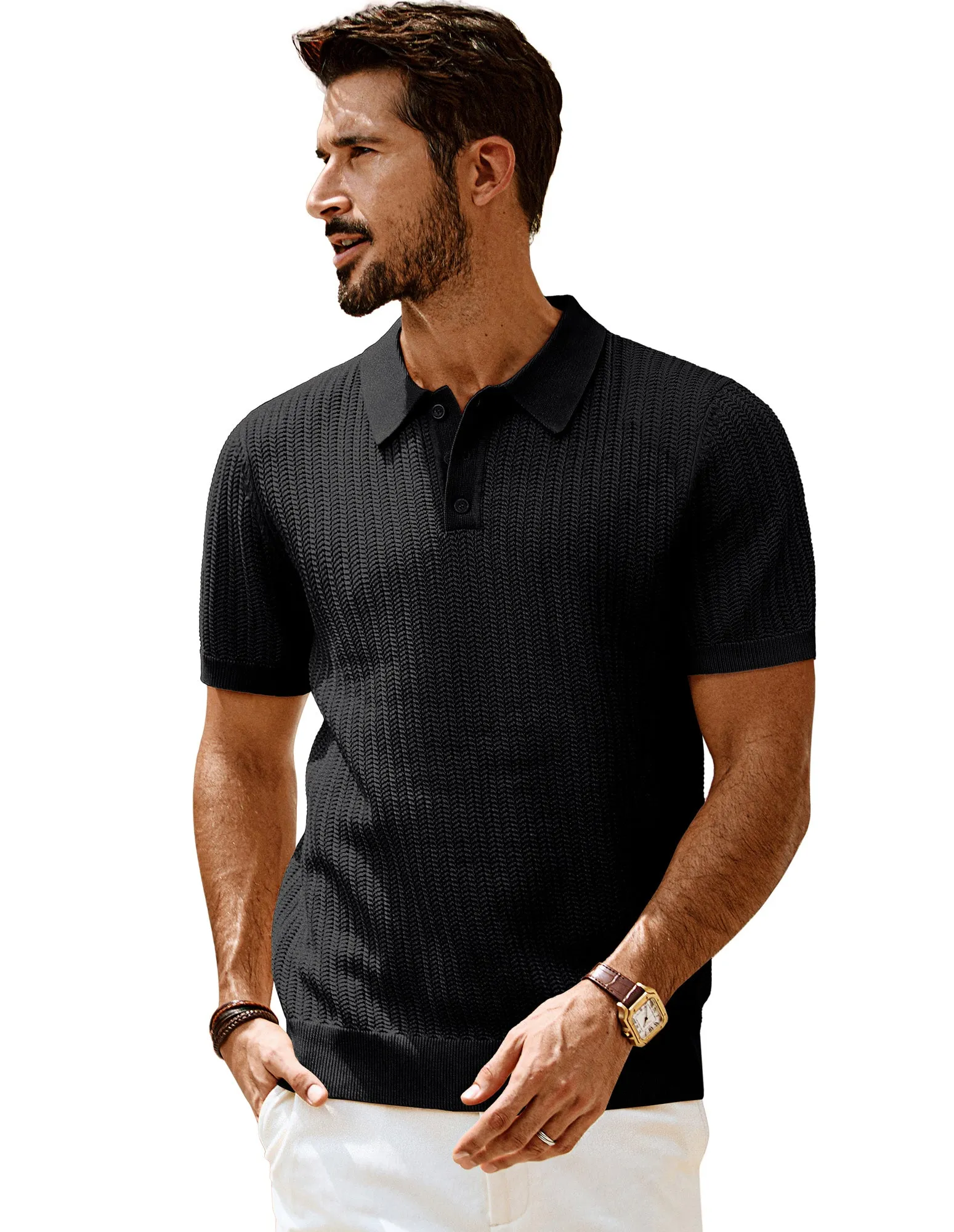 Men Wheatear Textured Polo-Shirt Short Sleeve Lapel Collar Knitwear Tops