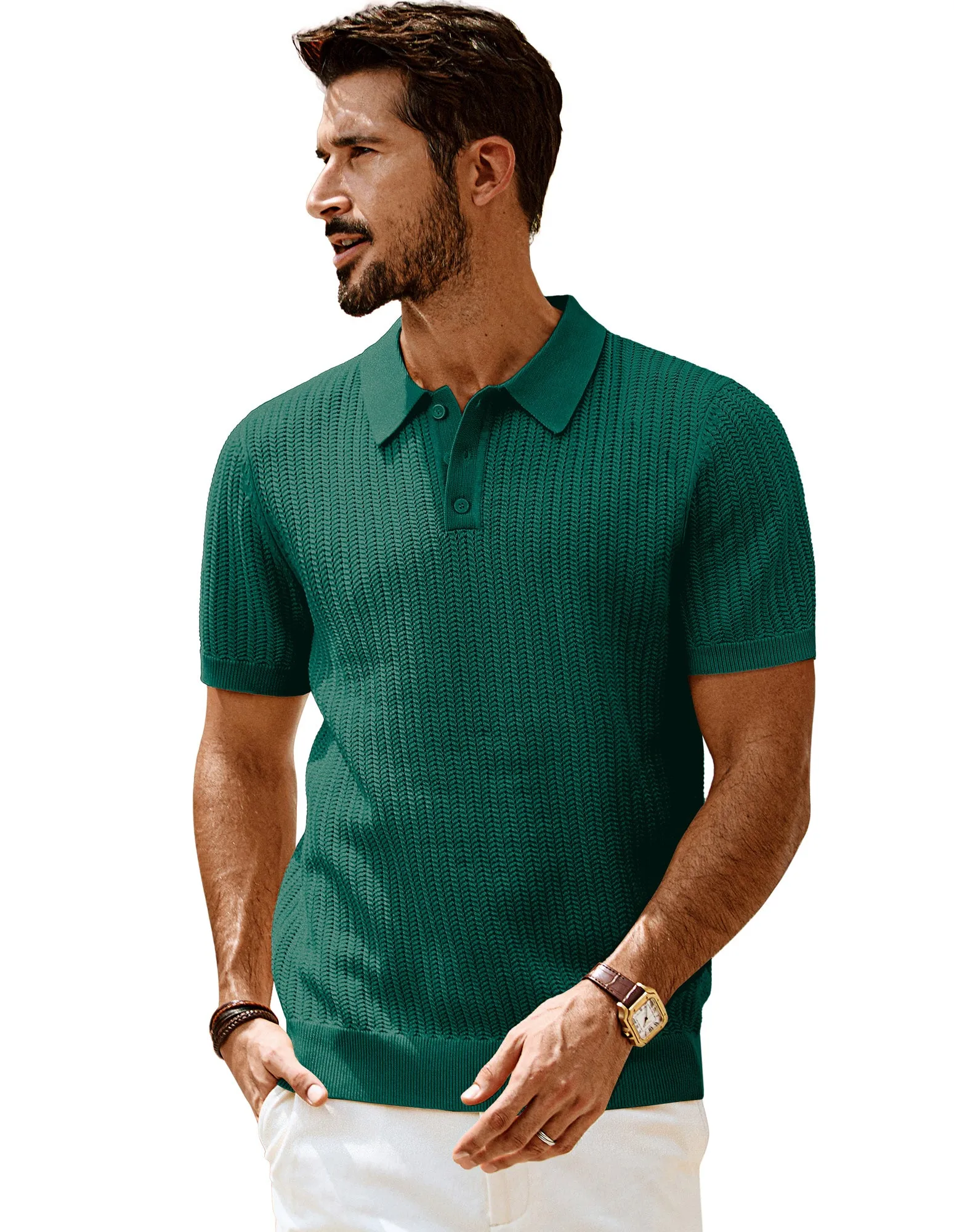 Men Wheatear Textured Polo-Shirt Short Sleeve Lapel Collar Knitwear Tops