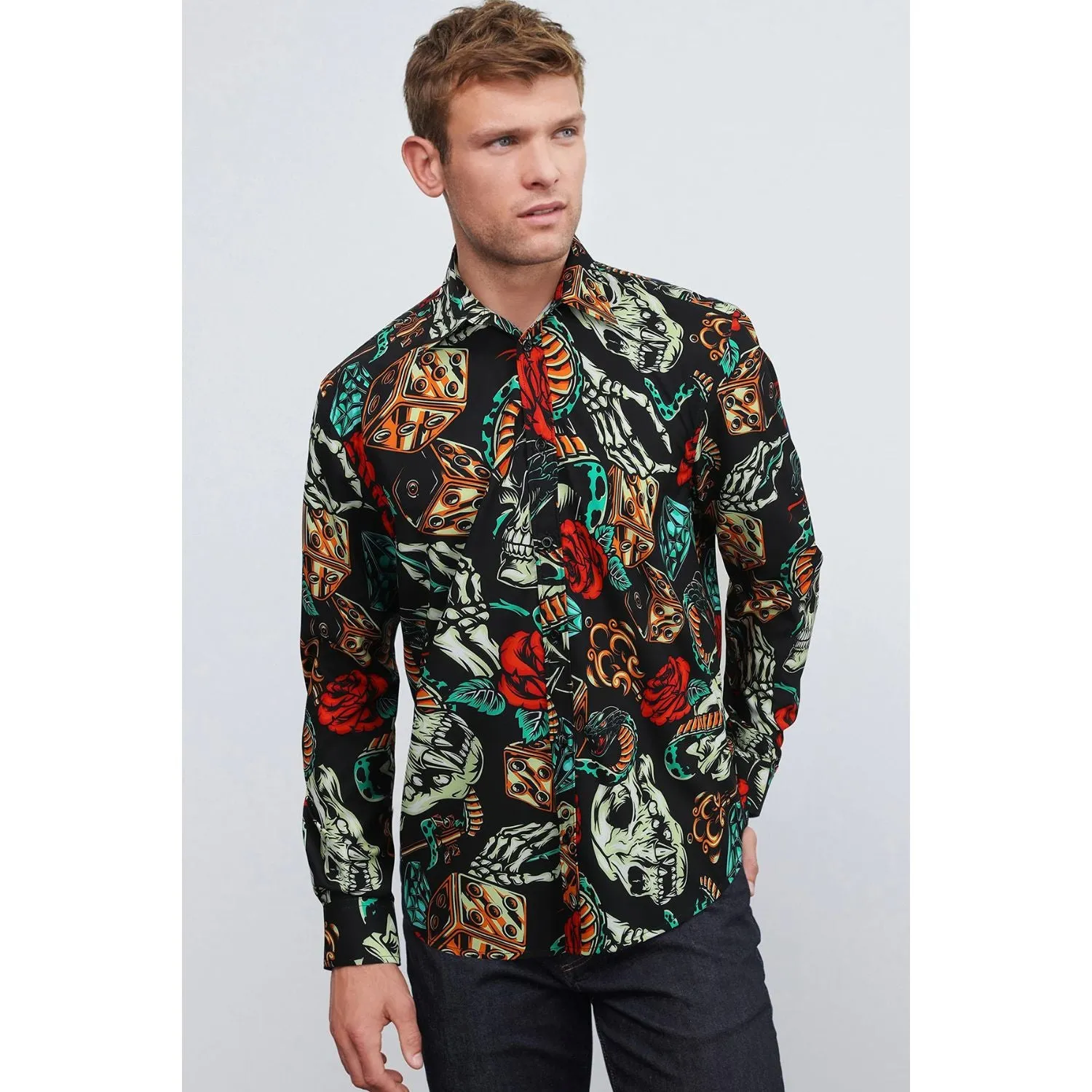Men's Long Sleeve Shirt With Printing - BLACK/ORANGE
