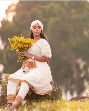 Modern Gurage Cultural Dress with Pants Set and Headscarf Traditional Gurhaghe Dress