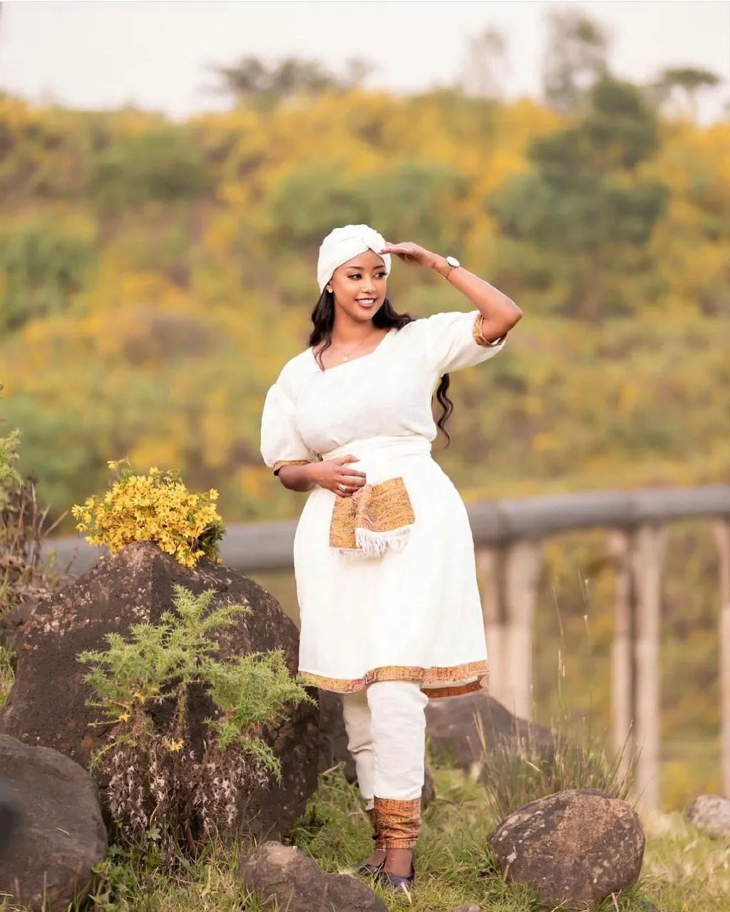 Modern Gurage Cultural Dress with Pants Set and Headscarf Traditional Gurhaghe Dress