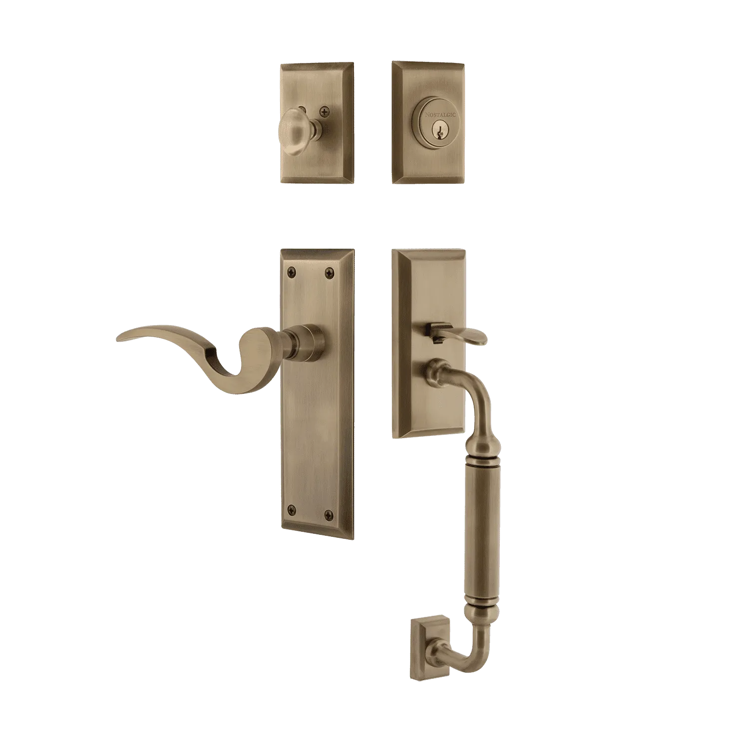 New York Handleset with C-Grip and New York Long Plate with Manor Lever in Antique Brass