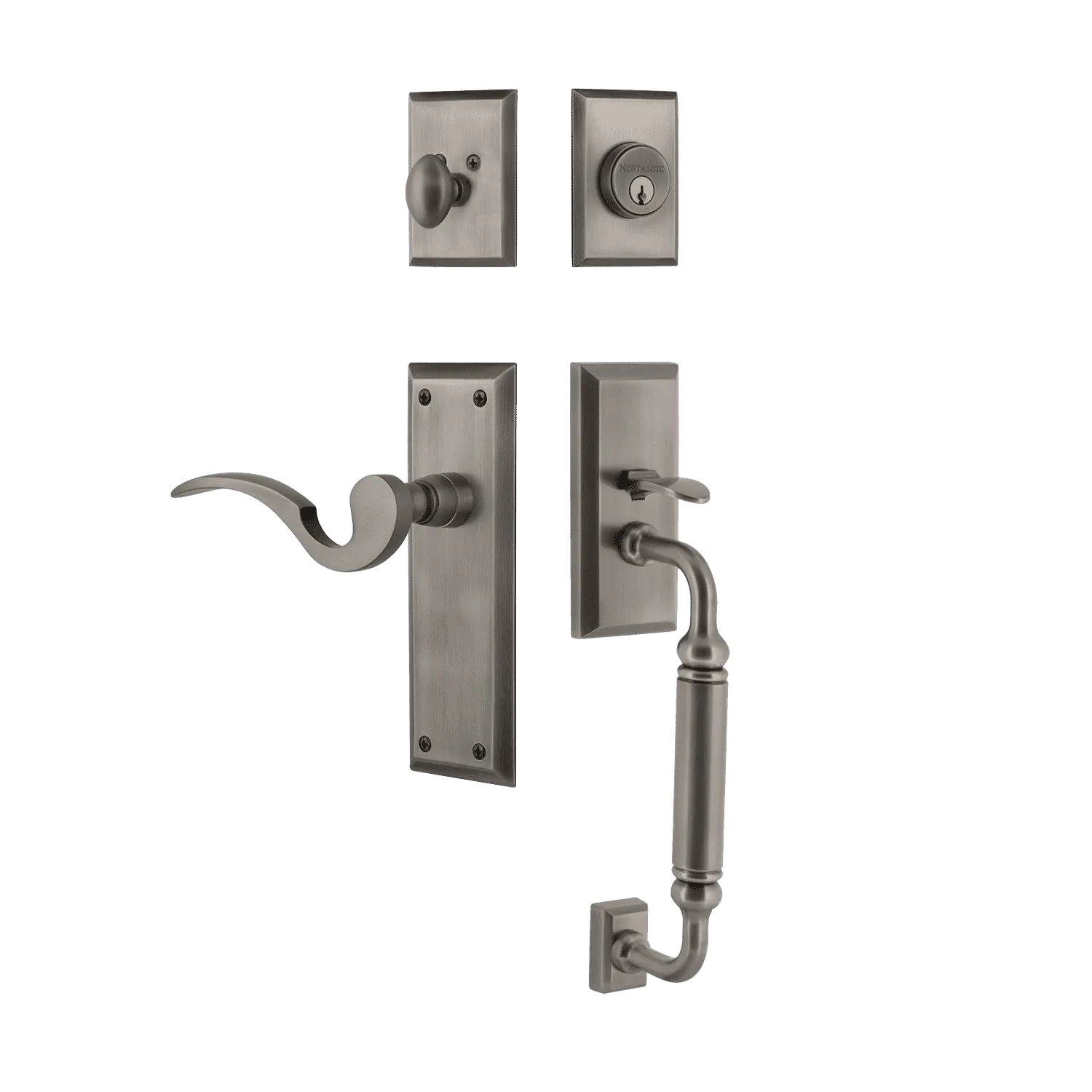 New York Handleset with C-Grip and New York Long Plate with Manor Lever in Antique Pewter