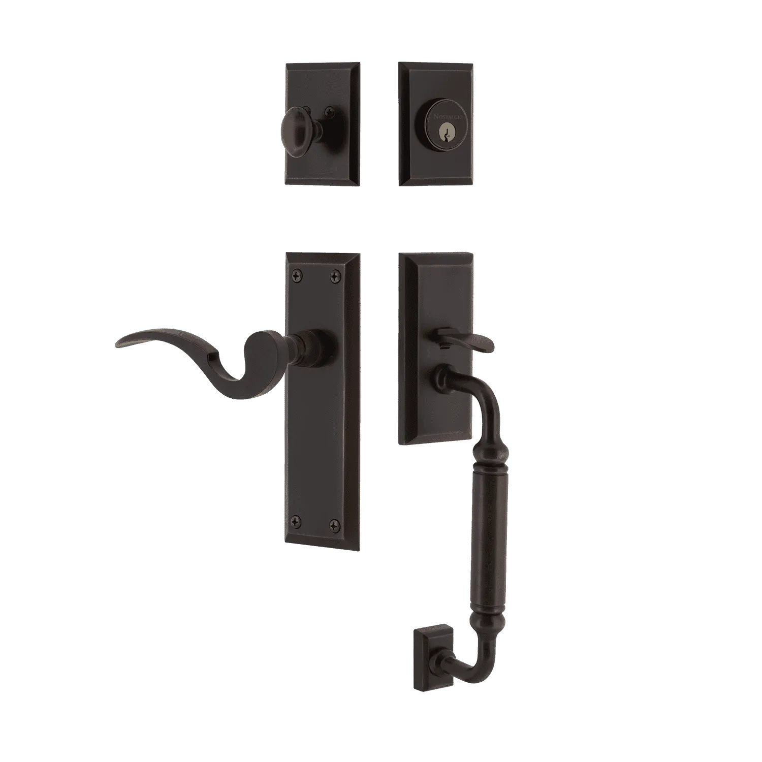 New York Handleset with C-Grip and New York Long Plate with Manor Lever in Timeless Bronze