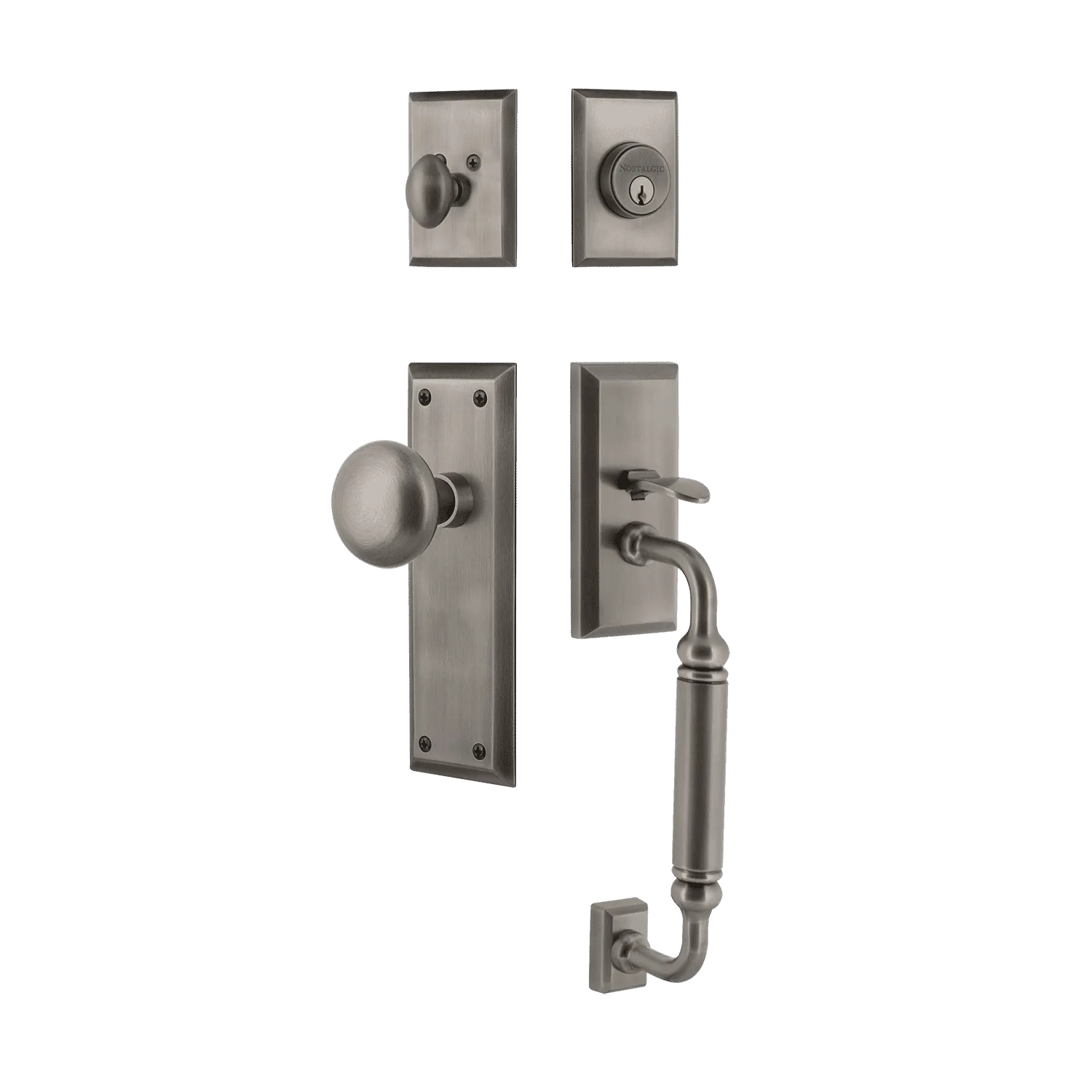 New York Handleset with C-Grip and New York Long Plate with New York Knob in Antique Pewter