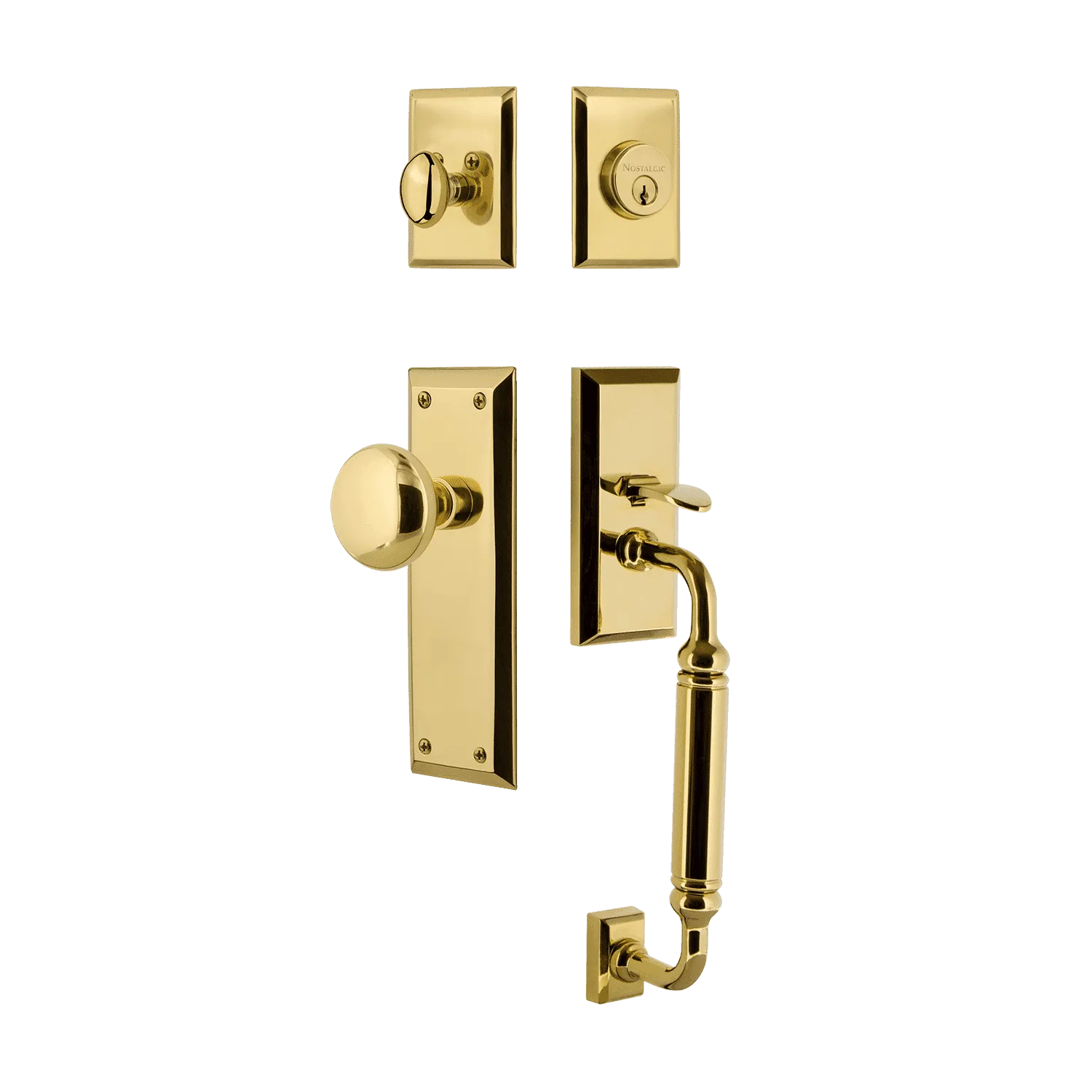 New York Handleset with C-Grip and New York Long Plate with New York Knob in Polished Brass