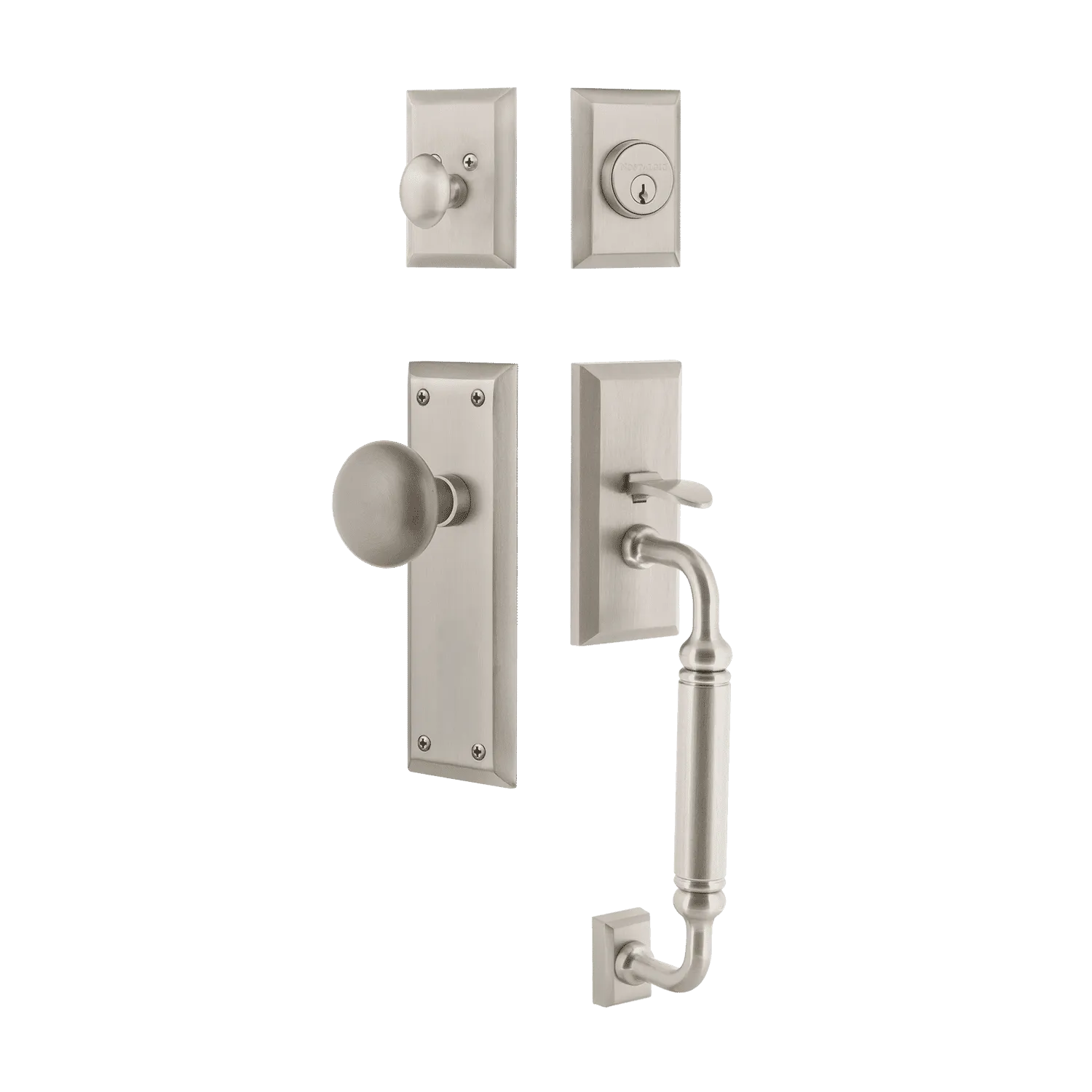New York Handleset with C-Grip and New York Long Plate with New York Knob in Satin Nickel
