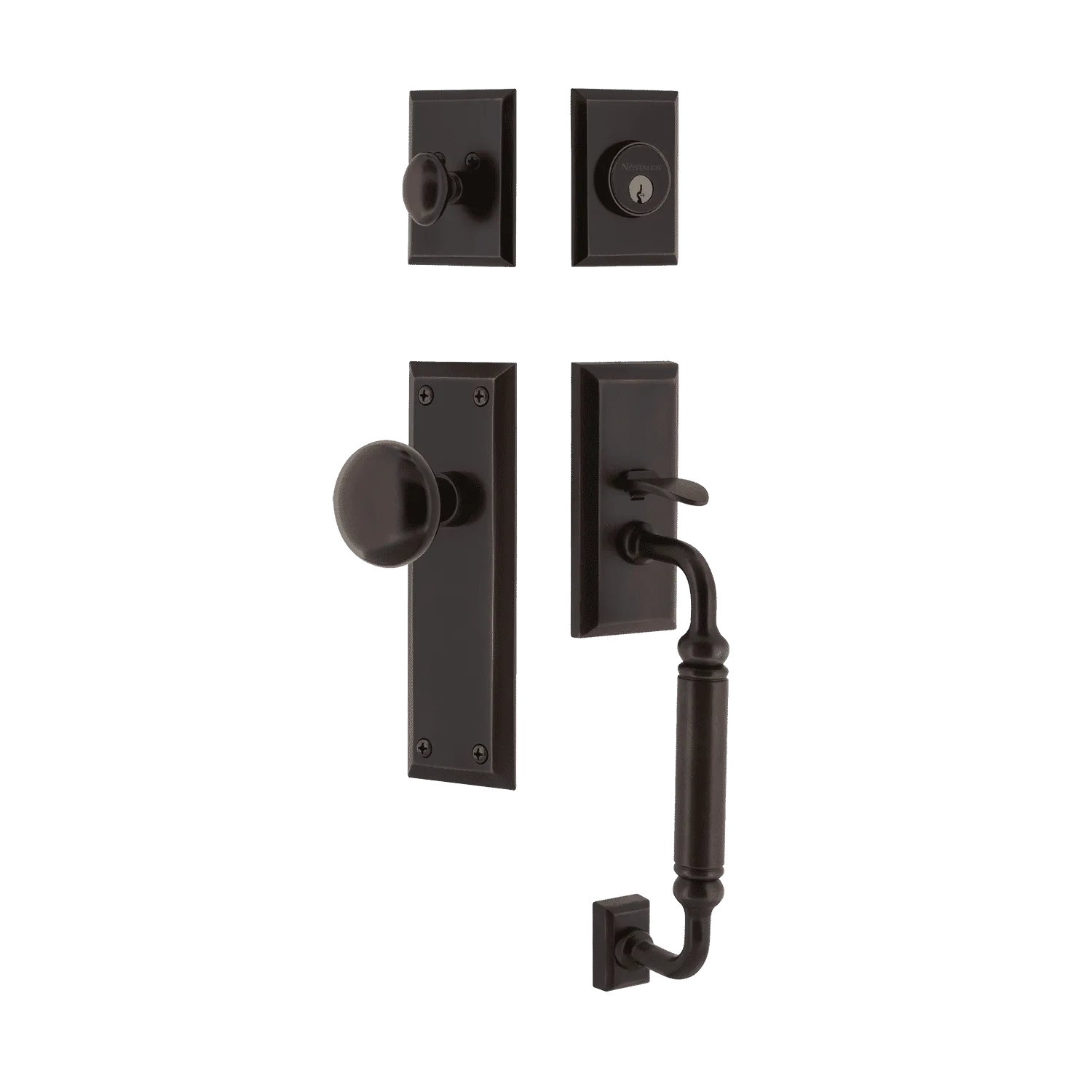 New York Handleset with C-Grip and New York Long Plate with New York Knob in Timeless Bronze