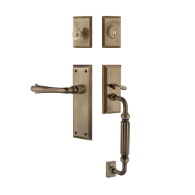 New York Handleset with F-Grip and New York Long Plate with Fleur Lever in Antique Brass