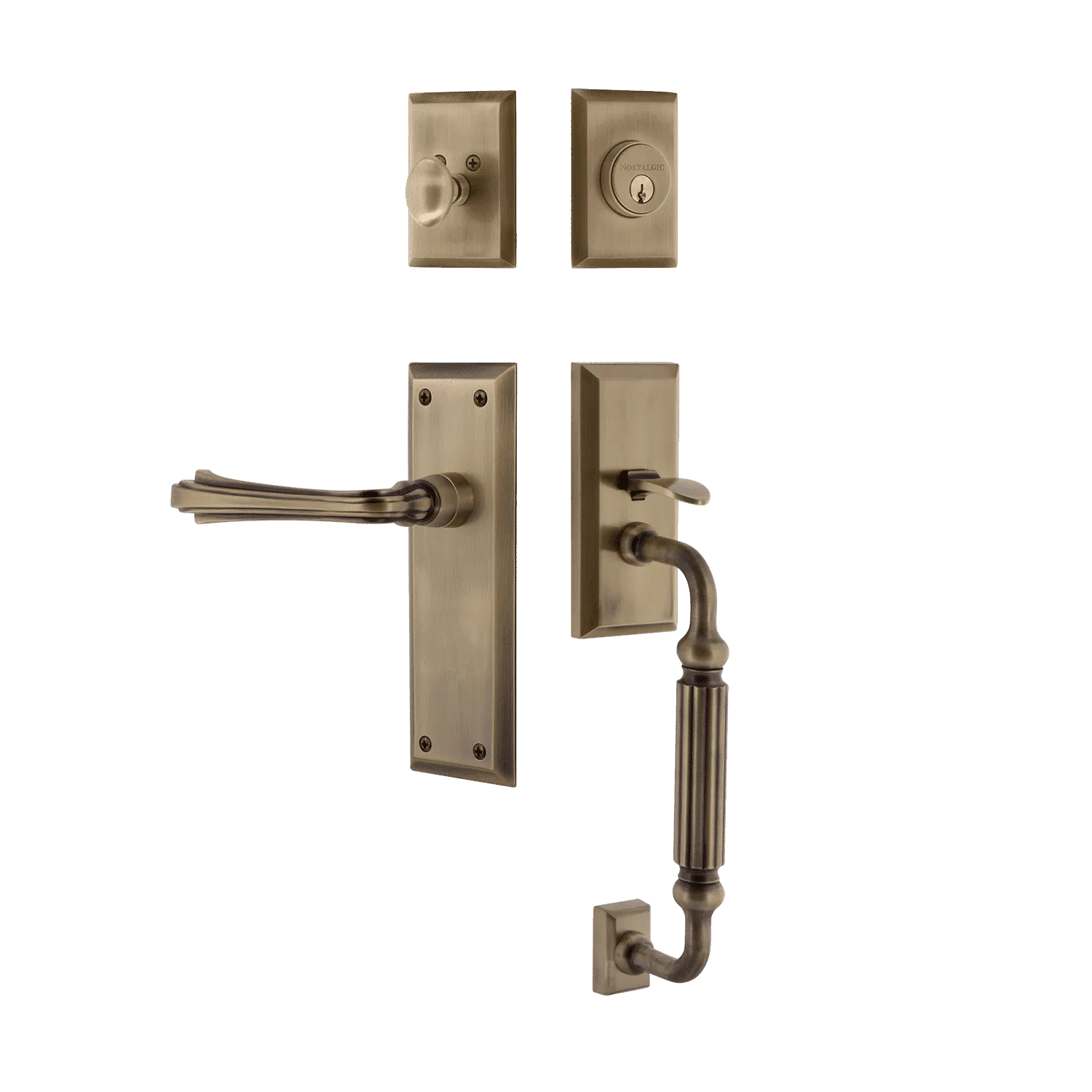 New York Handleset with F-Grip and New York Long Plate with Fleur Lever in Antique Brass