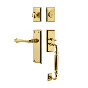 New York Handleset with F-Grip and New York Long Plate with Fleur Lever in Polished Brass