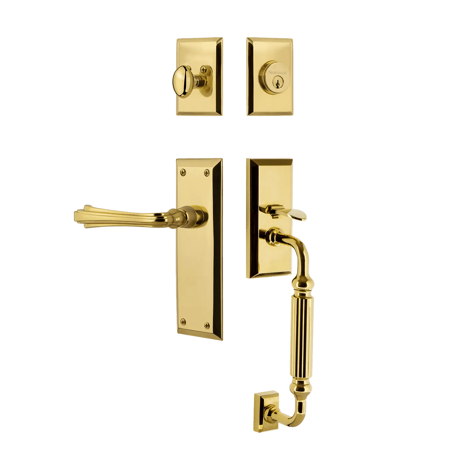 New York Handleset with F-Grip and New York Long Plate with Fleur Lever in Polished Brass