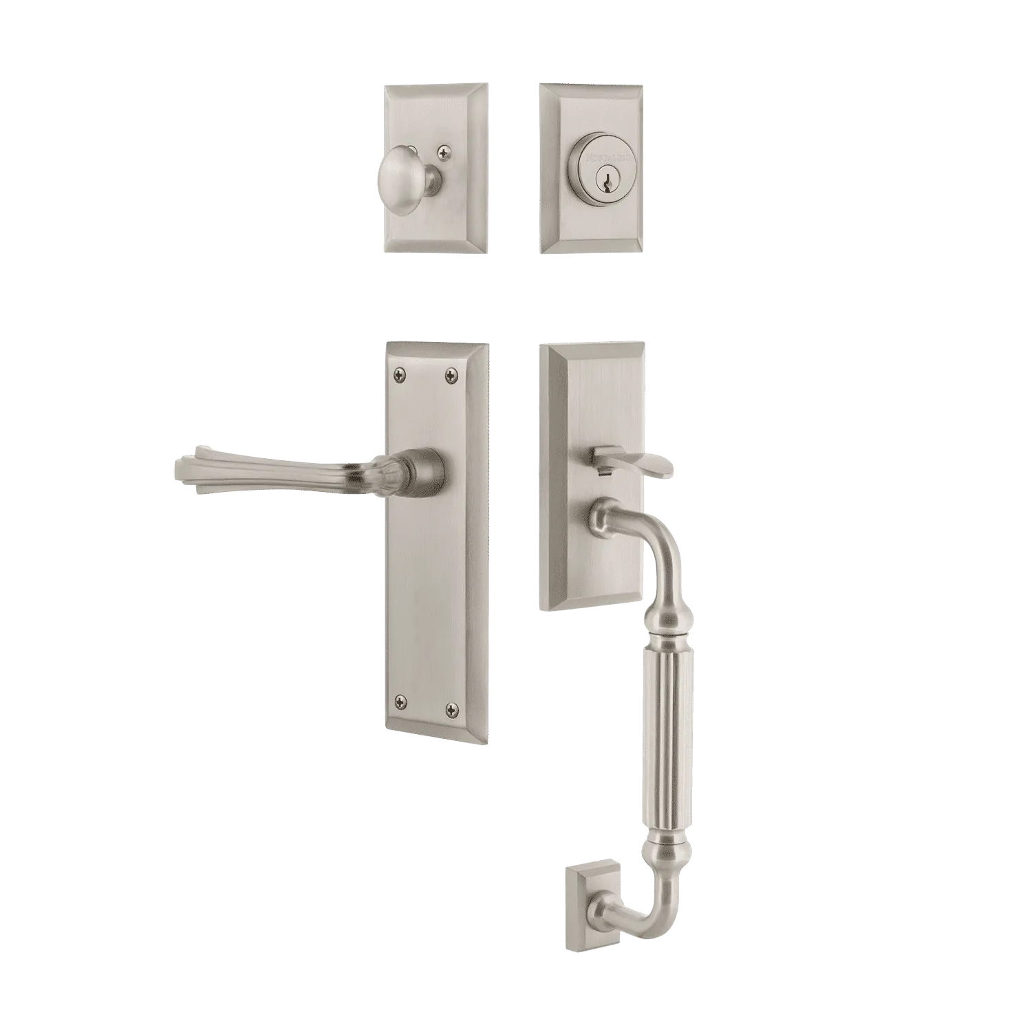 New York Handleset with F-Grip and New York Long Plate with Fleur Lever in Satin Nickel