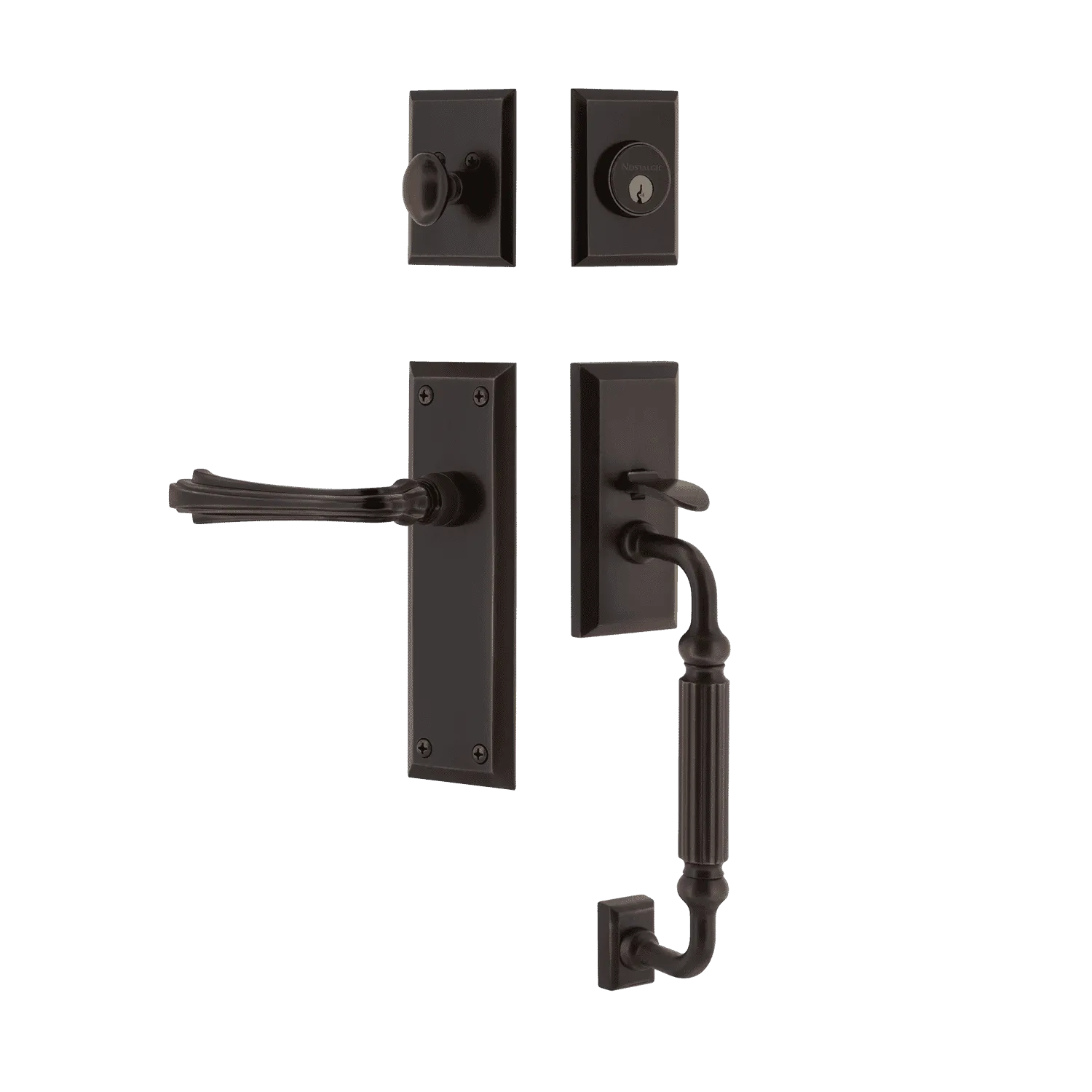 New York Handleset with F-Grip and New York Long Plate with Fleur Lever in Timeless Bronze