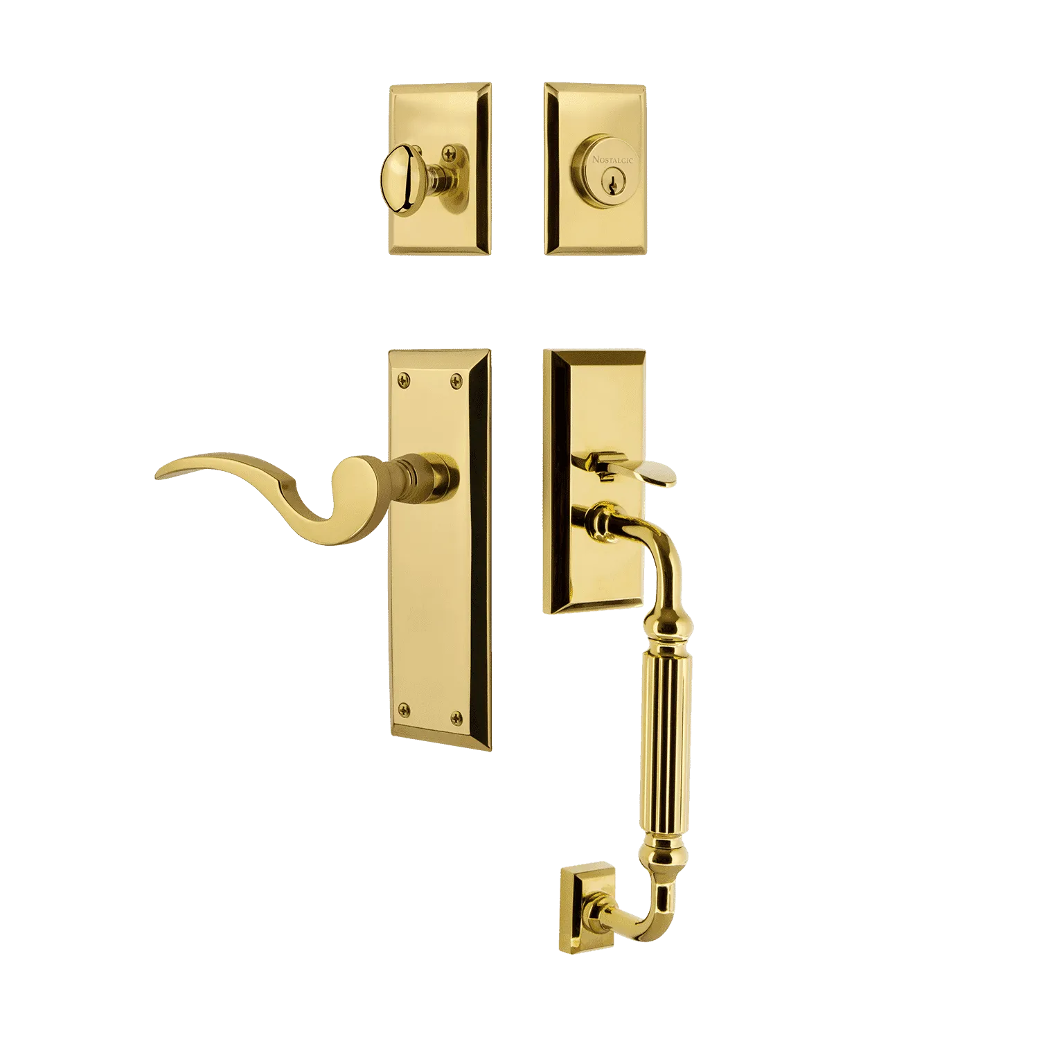 New York Handleset with F-Grip and New York Long Plate with Manor Lever in Polished Brass
