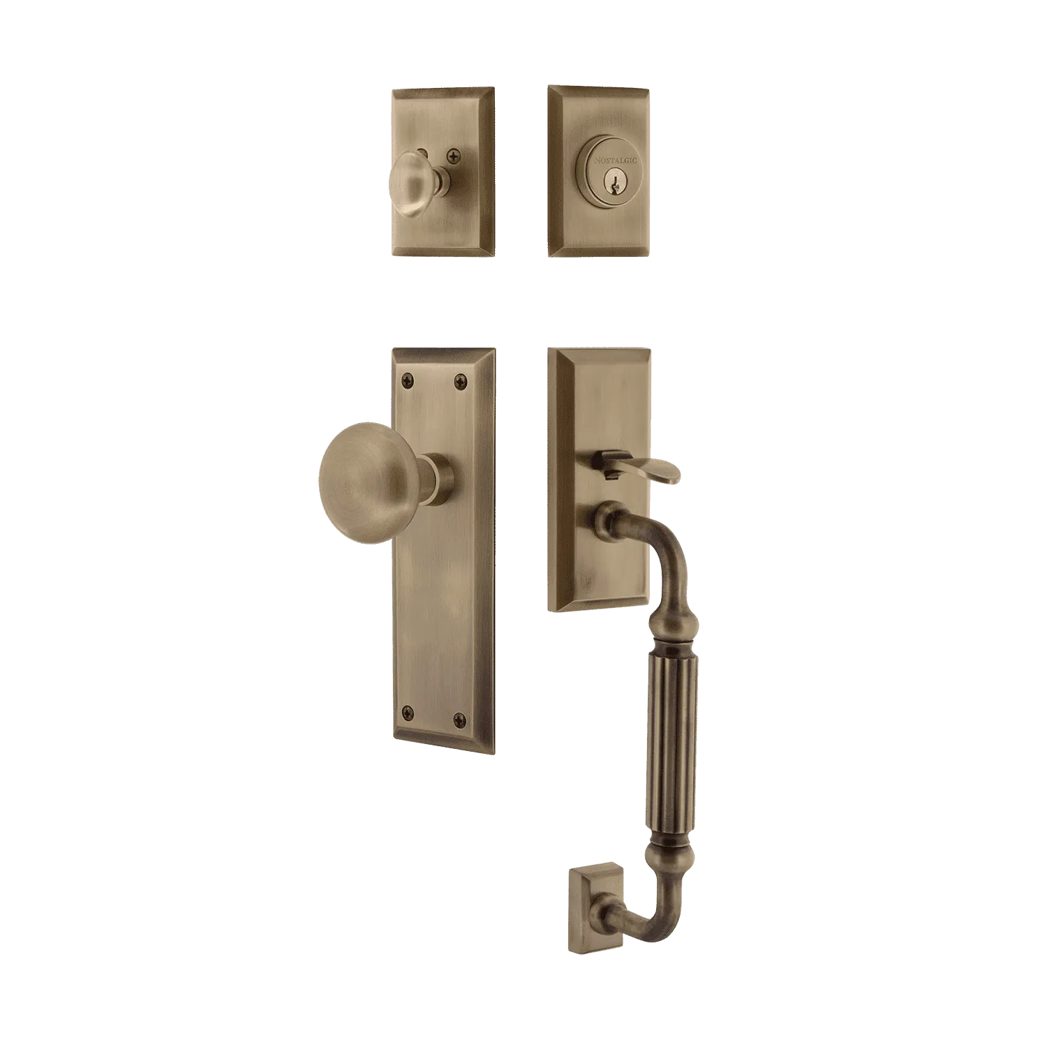 New York Handleset with F-Grip and New York Long Plate with New York Knob in Antique Brass