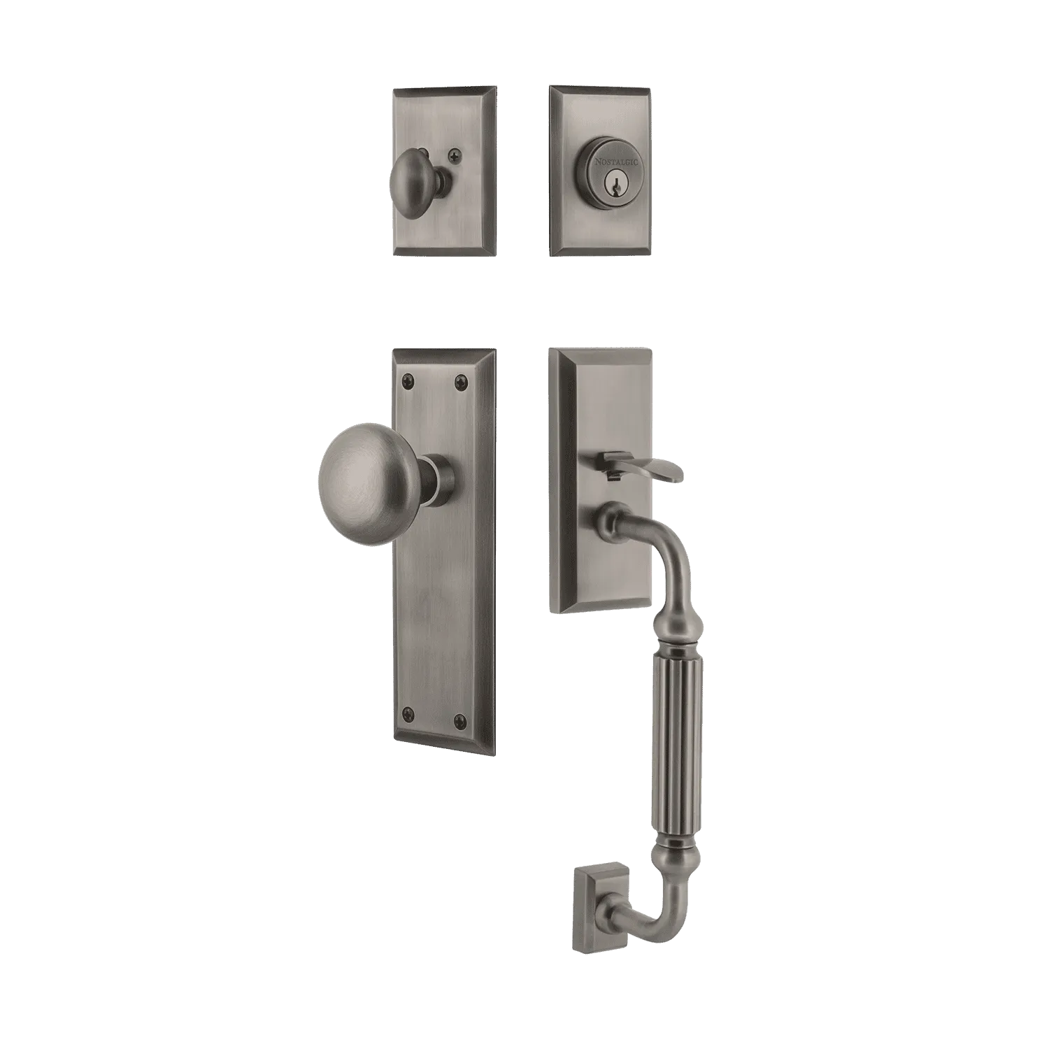 New York Handleset with F-Grip and New York Long Plate with New York Knob in Antique Pewter