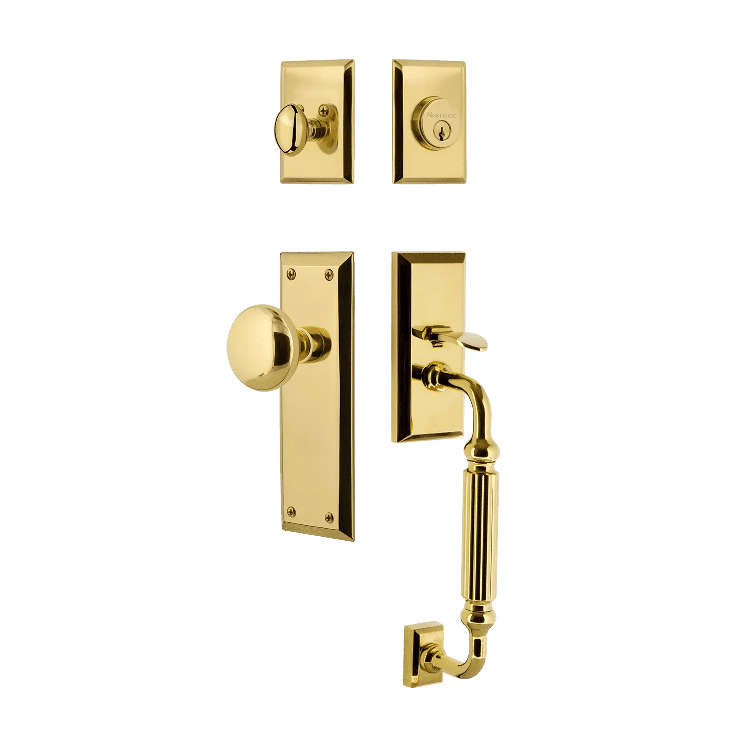New York Handleset with F-Grip and New York Long Plate with New York Knob in Polished Brass