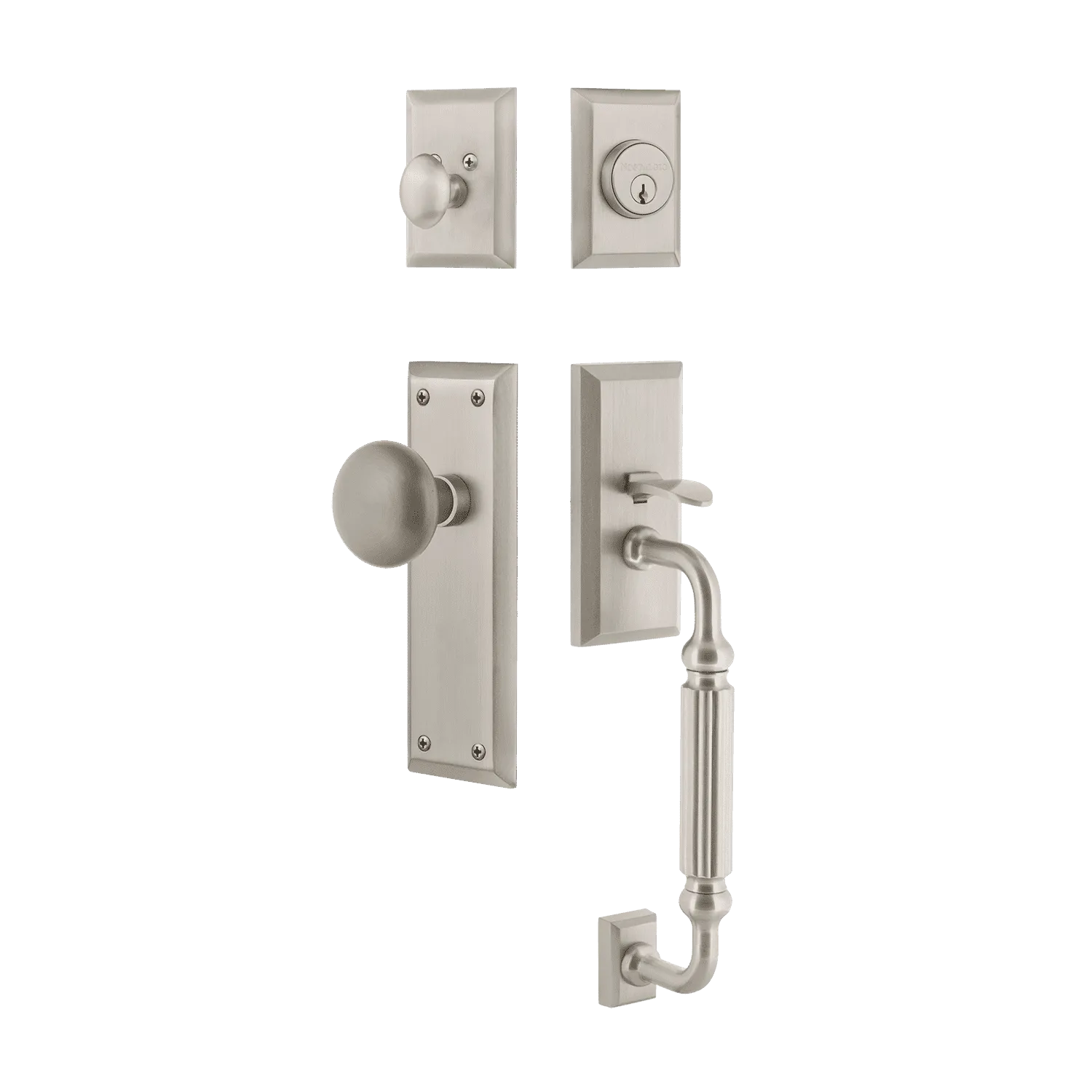 New York Handleset with F-Grip and New York Long Plate with New York Knob in Satin Nickel