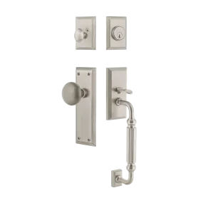 New York Handleset with F-Grip and New York Long Plate with New York Knob in Satin Nickel