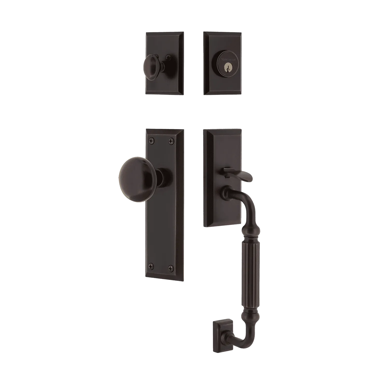 New York Handleset with F-Grip and New York Long Plate with New York Knob in Timeless Bronze
