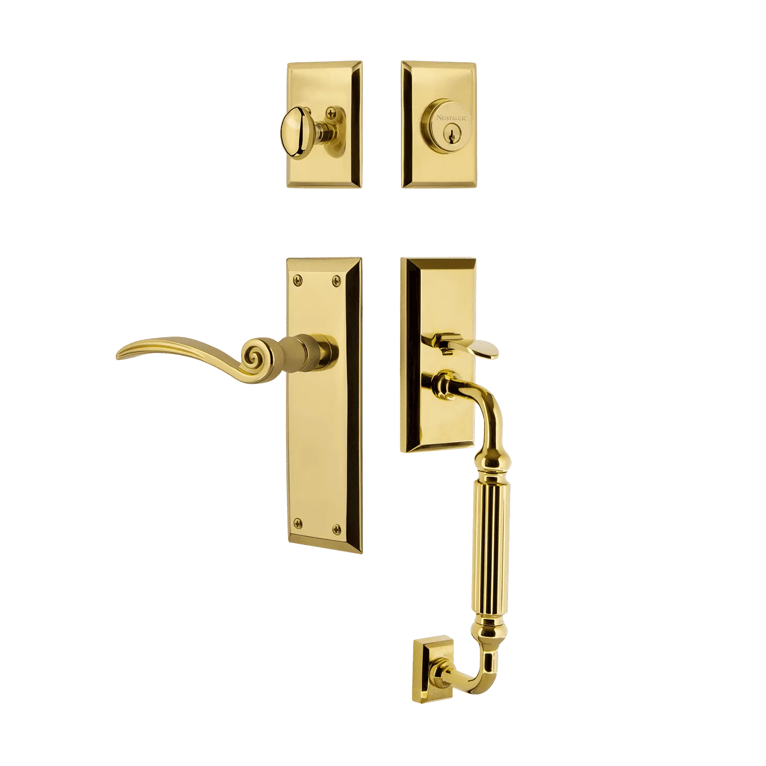 New York Handleset with F-Grip and New York Long Plate with Swan Lever in Polished Brass