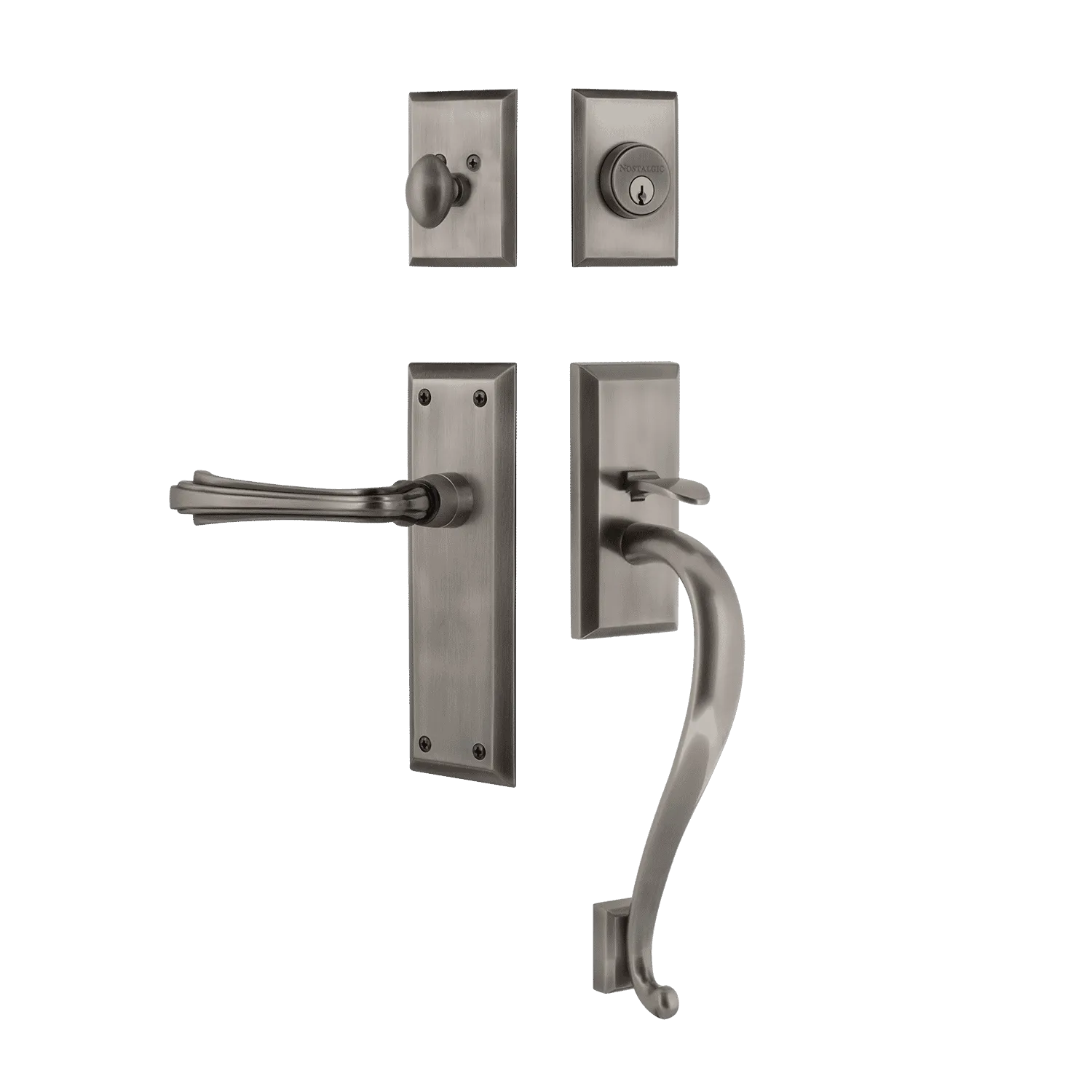 New York Handleset with S-Grip and New York Long Plate with Fleur Lever in Antique Pewter