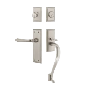 New York Handleset with S-Grip and New York Long Plate with Fleur Lever in Satin Nickel
