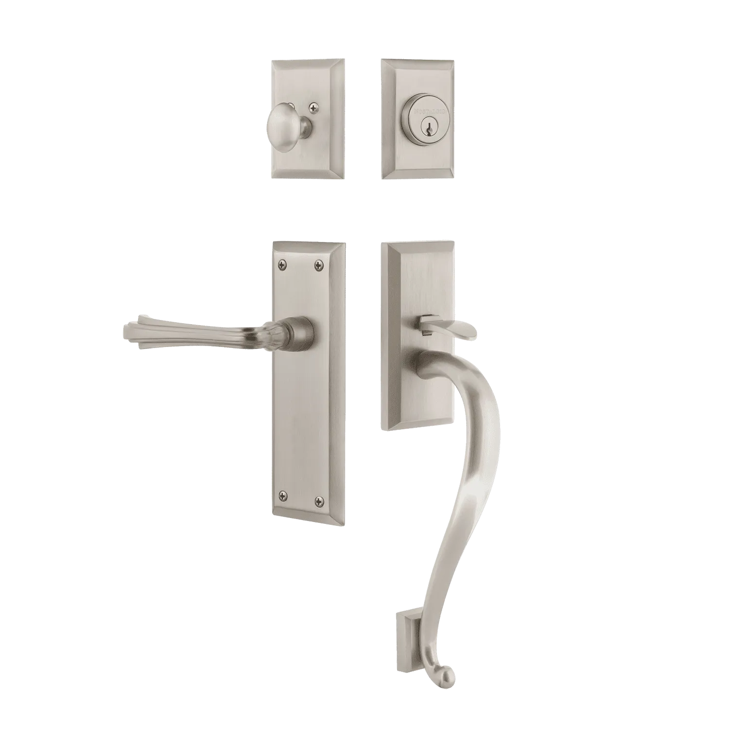 New York Handleset with S-Grip and New York Long Plate with Fleur Lever in Satin Nickel