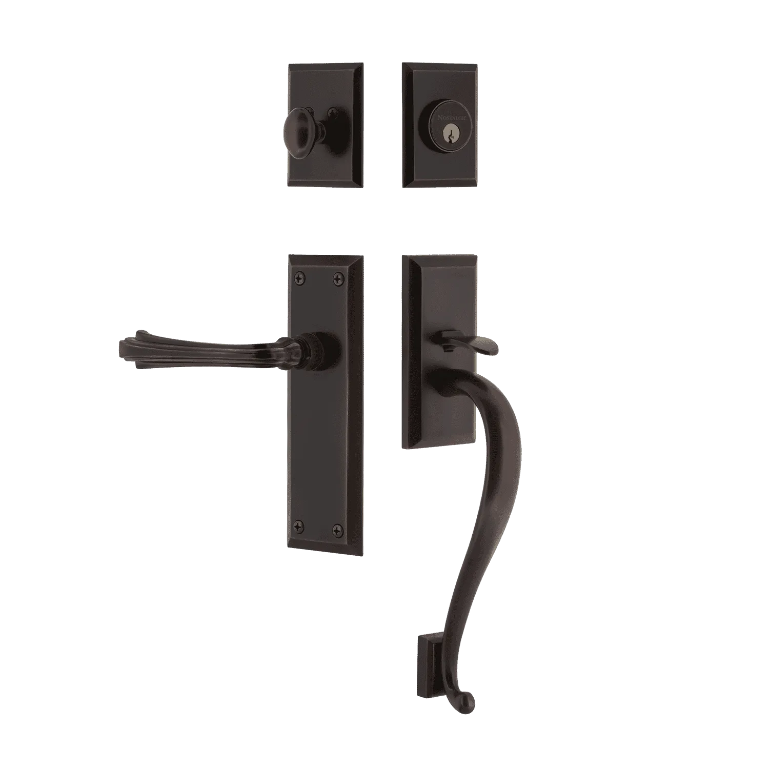 New York Handleset with S-Grip and New York Long Plate with Fleur Lever in Timeless Bronze