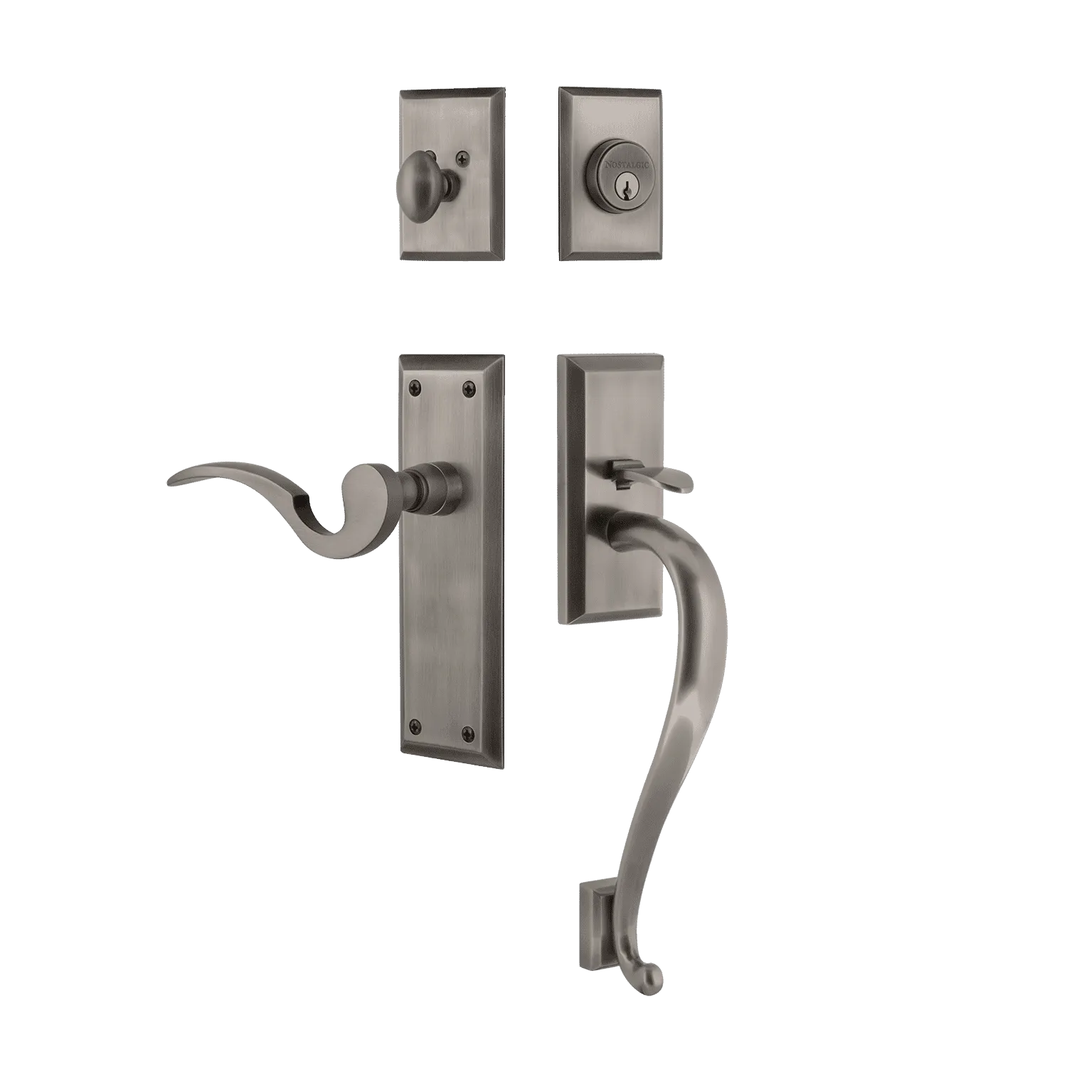 New York Handleset with S-Grip and New York Long Plate with Manor Lever in Antique Pewter