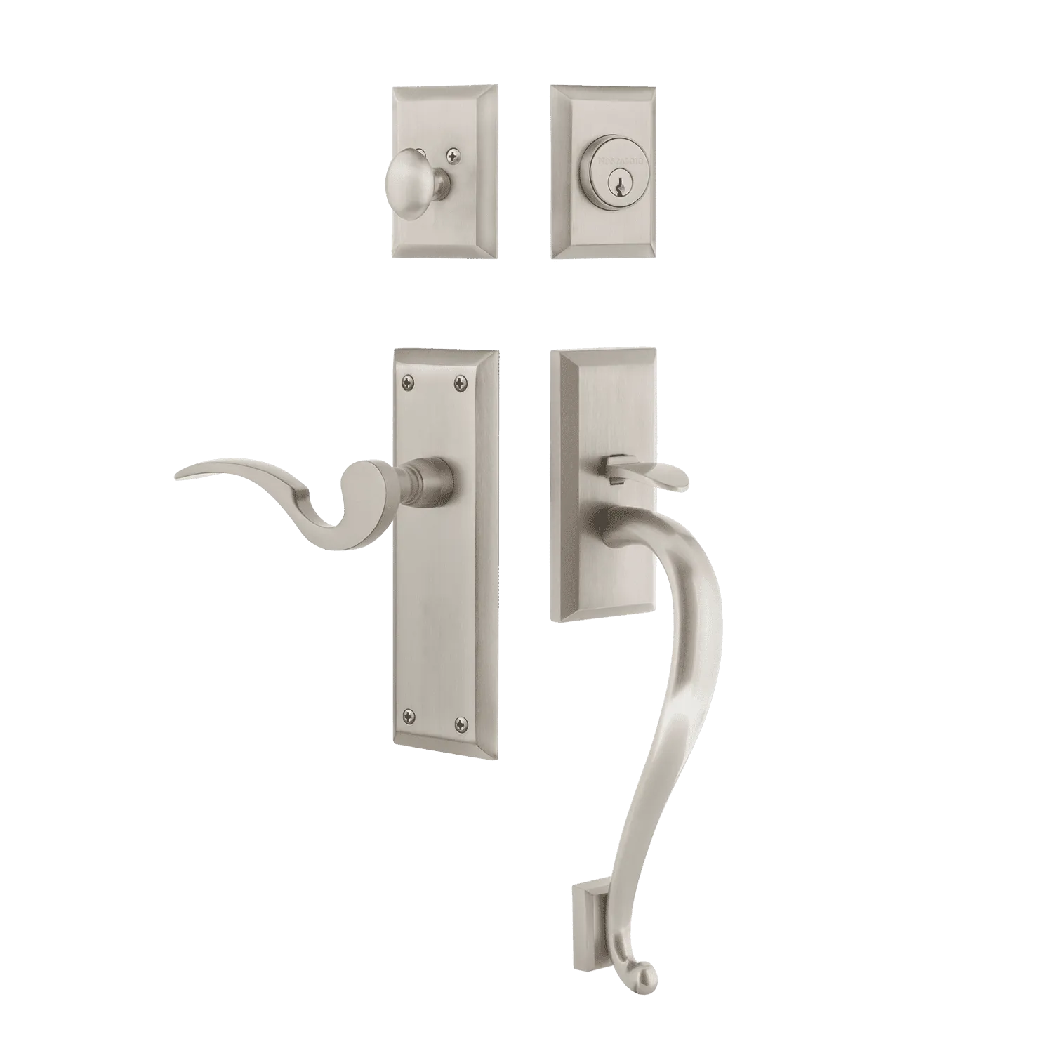 New York Handleset with S-Grip and New York Long Plate with Manor Lever in Satin Nickel