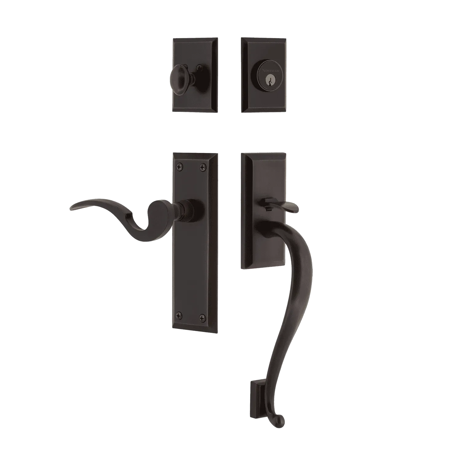 New York Handleset with S-Grip and New York Long Plate with Manor Lever in Timeless Bronze