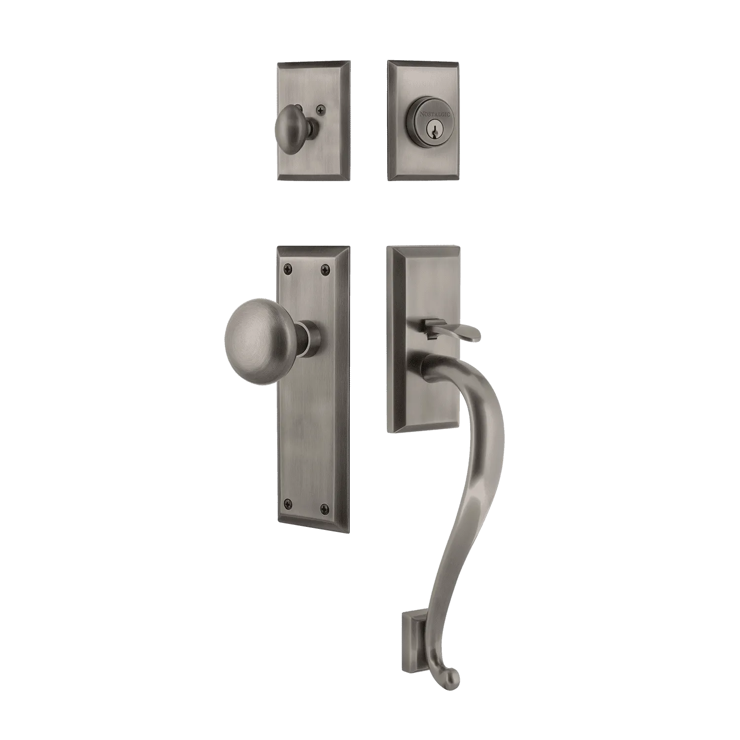 New York Handleset with S-Grip and New York Long Plate with New York Knob in Antique Pewter