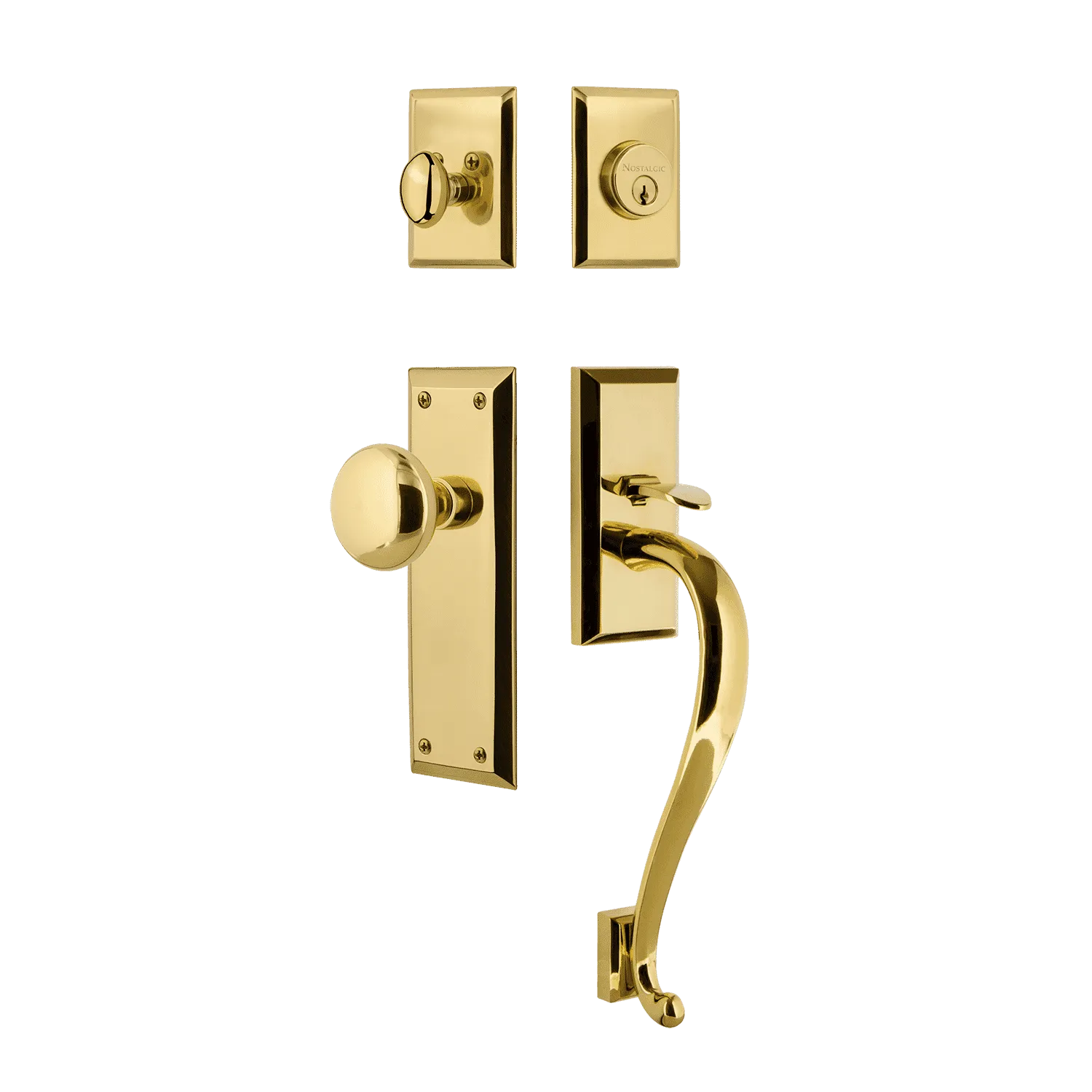 New York Handleset with S-Grip and New York Long Plate with New York Knob in Polished Brass