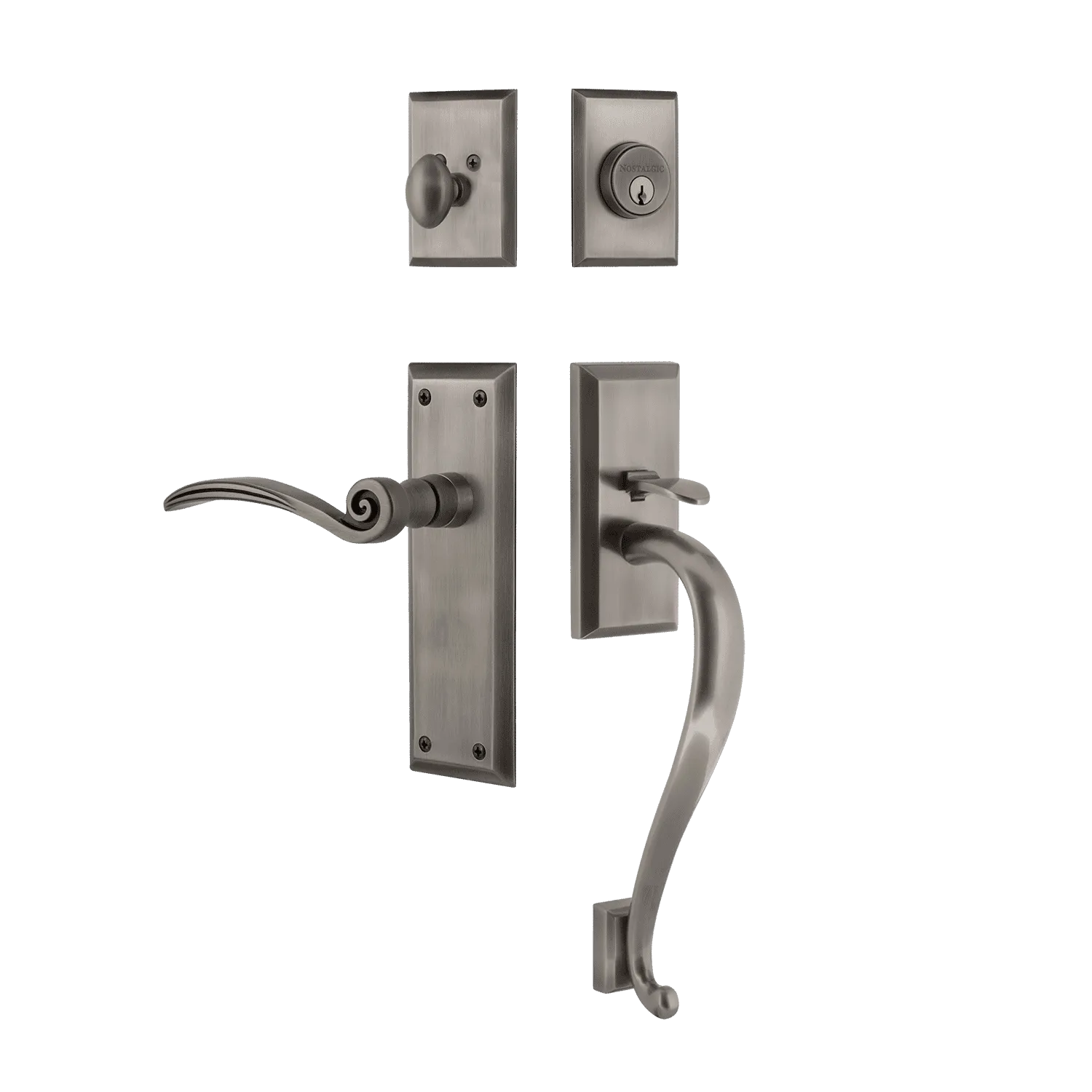 New York Handleset with S-Grip and New York Long Plate with Swan Lever in Antique Pewter