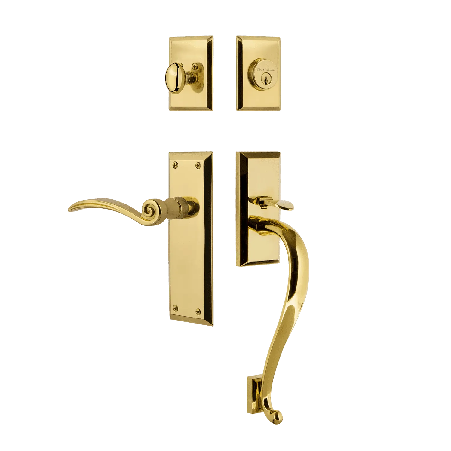 New York Handleset with S-Grip and New York Long Plate with Swan Lever in Polished Brass