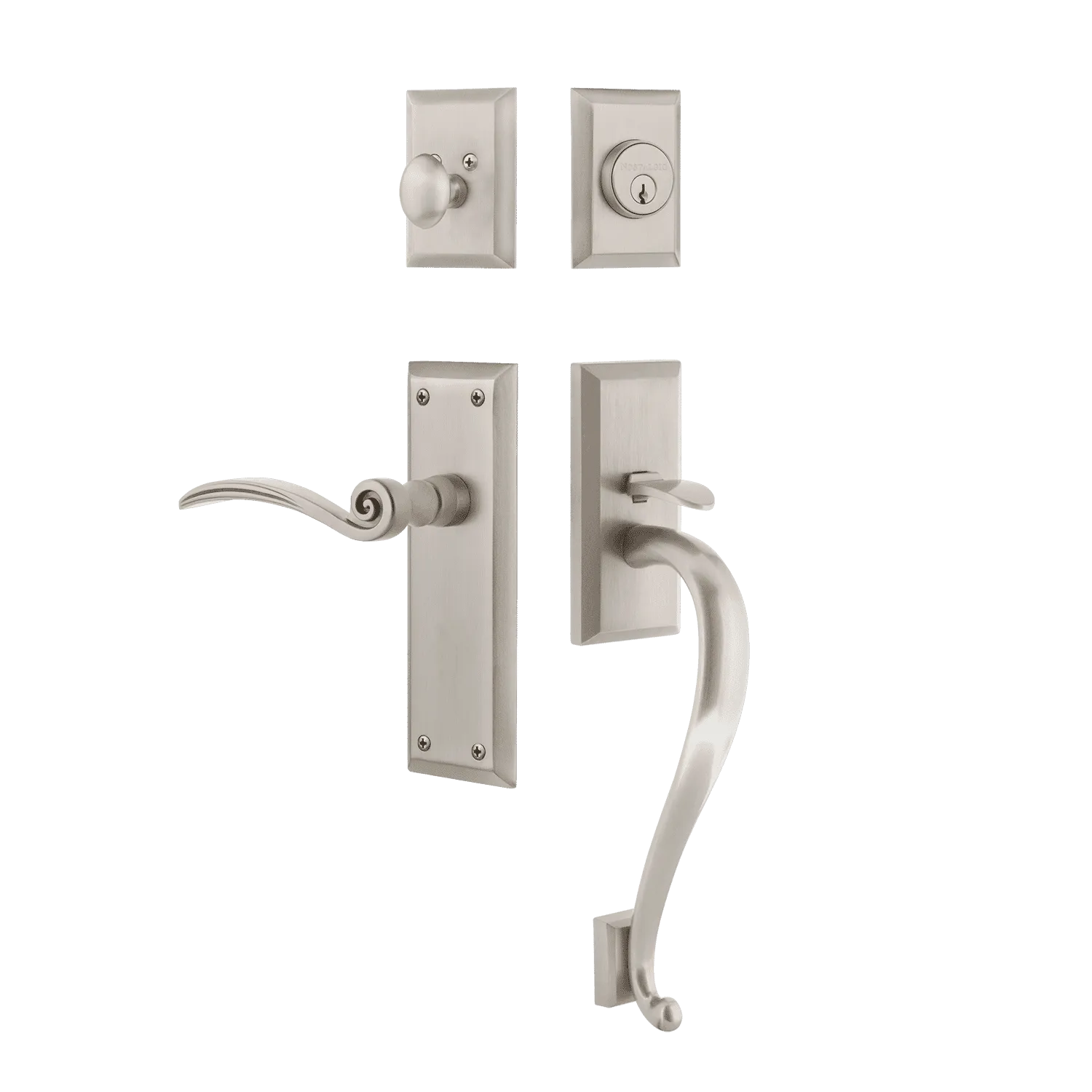 New York Handleset with S-Grip and New York Long Plate with Swan Lever in Satin Nickel