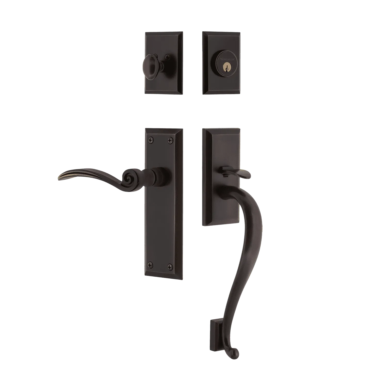 New York Handleset with S-Grip and New York Long Plate with Swan Lever in Timeless Bronze