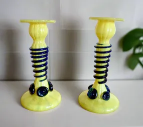 Pair Of Yellow Art Glass Candlesticks With Blue Spiral Glass And Flower Accents