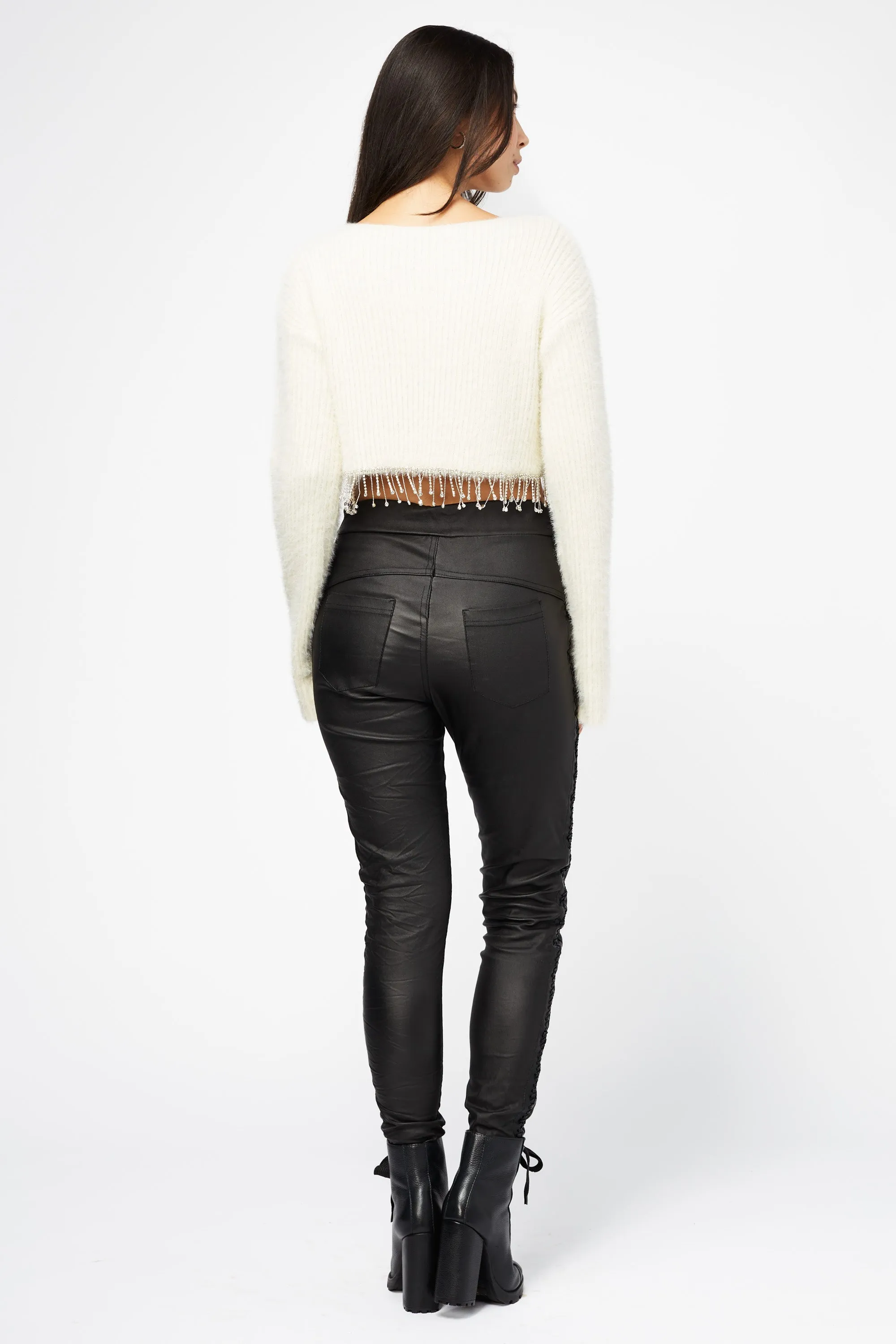 Paris Fuzzy Rhinestone Fringe Sweater
